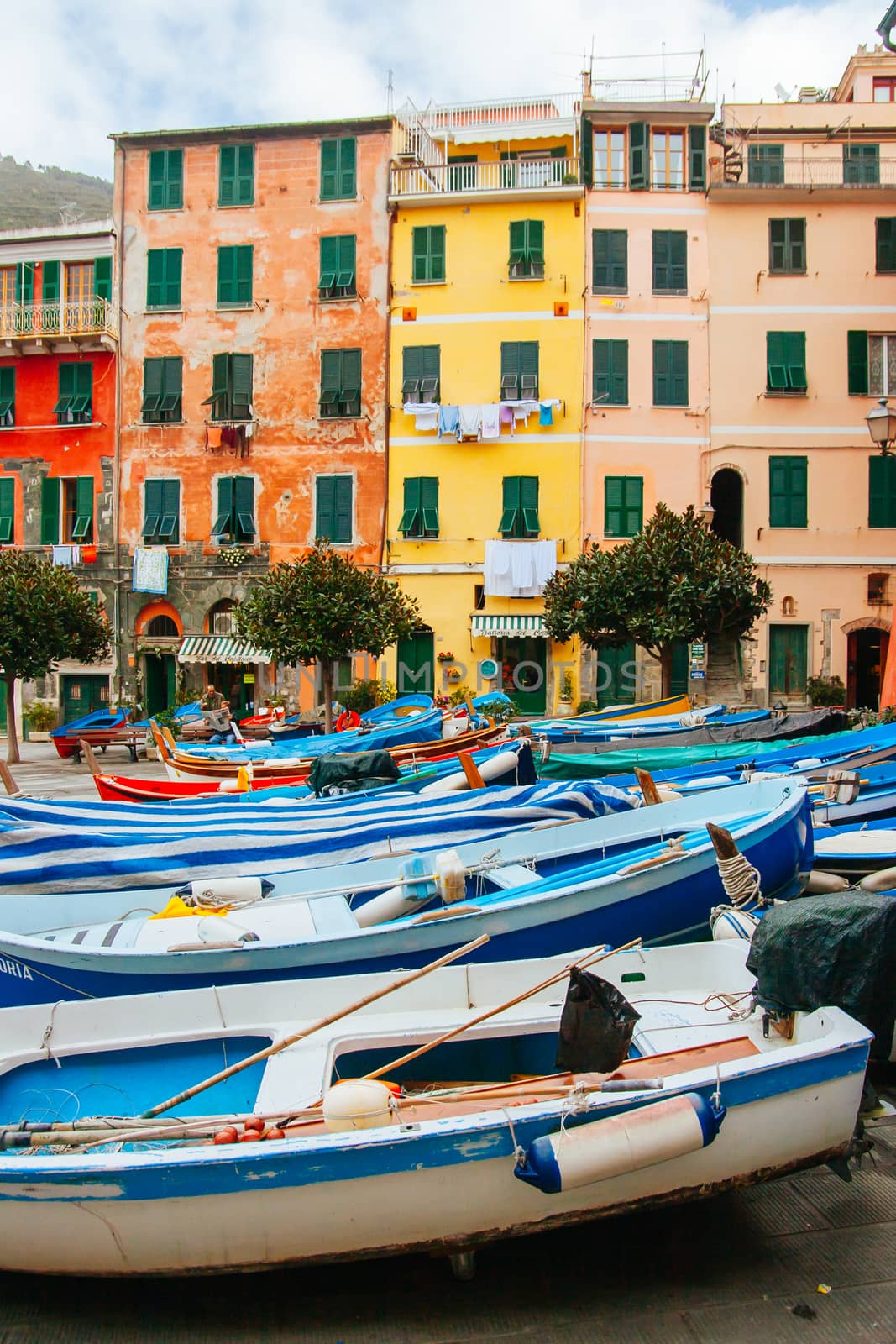 Boats are brought on sure in the harbour of Vernazza in Cinque Terre, Italy