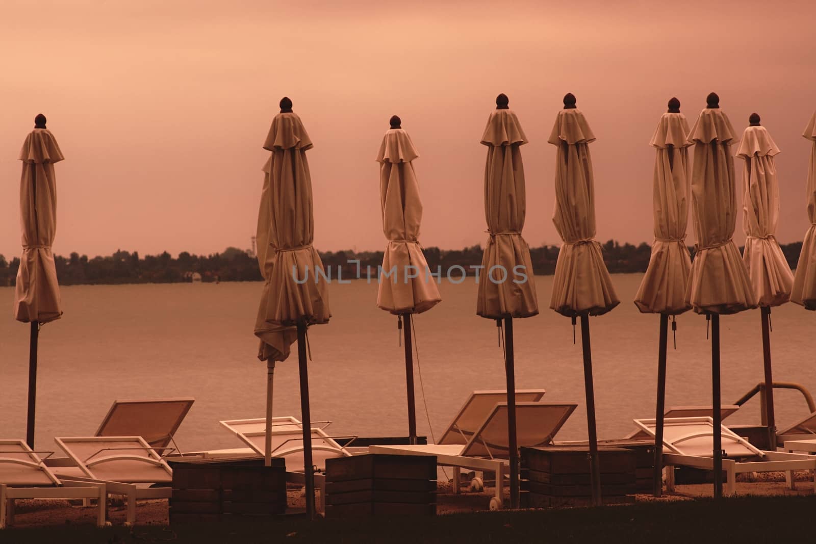 Some parasols and sunbeds in Tihany.High quality photo