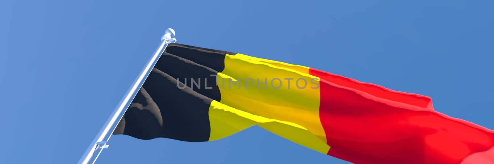 3D rendering of the national flag of Belgium waving in the wind against a blue sky