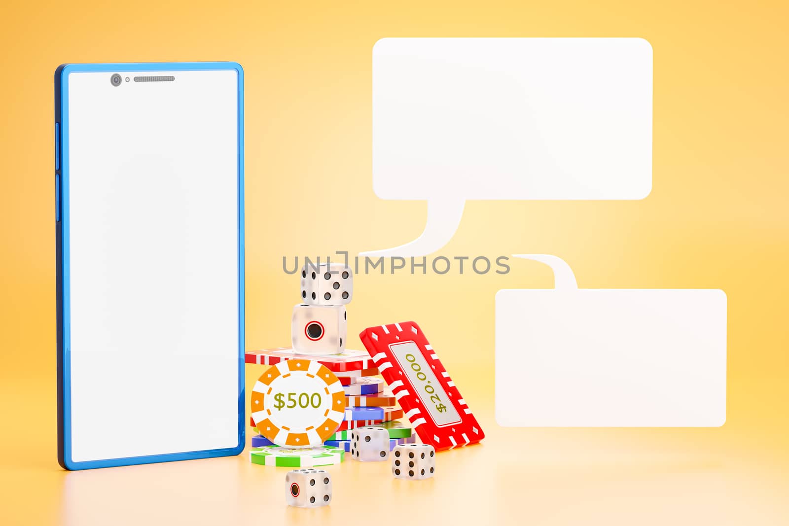 The dice and gambling chips are stacked next to the blue mobile phone and a blank white text box on an orange background. The concept of online casino gambling. 3D rendering illustration.