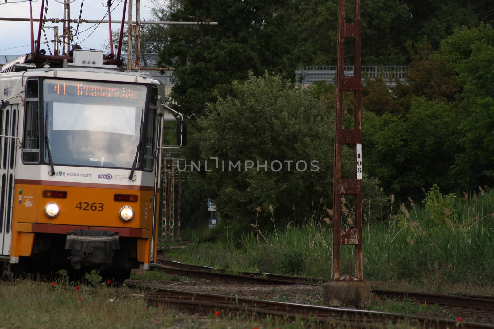 A tram on a steel track. High quality photo