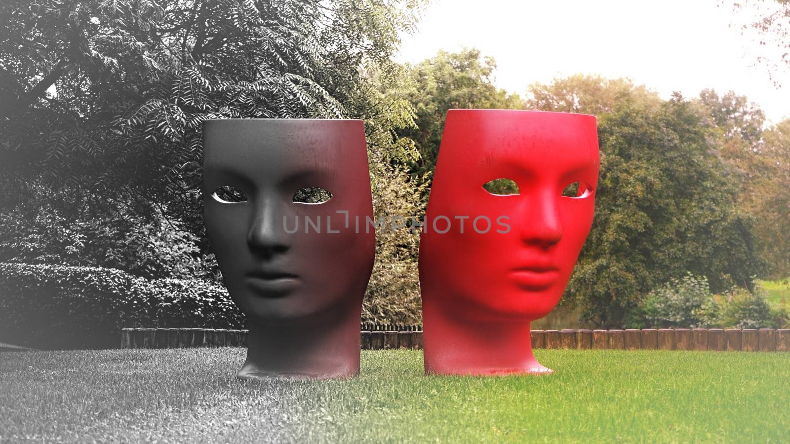Black and red mask face with landscape background. High quality photo