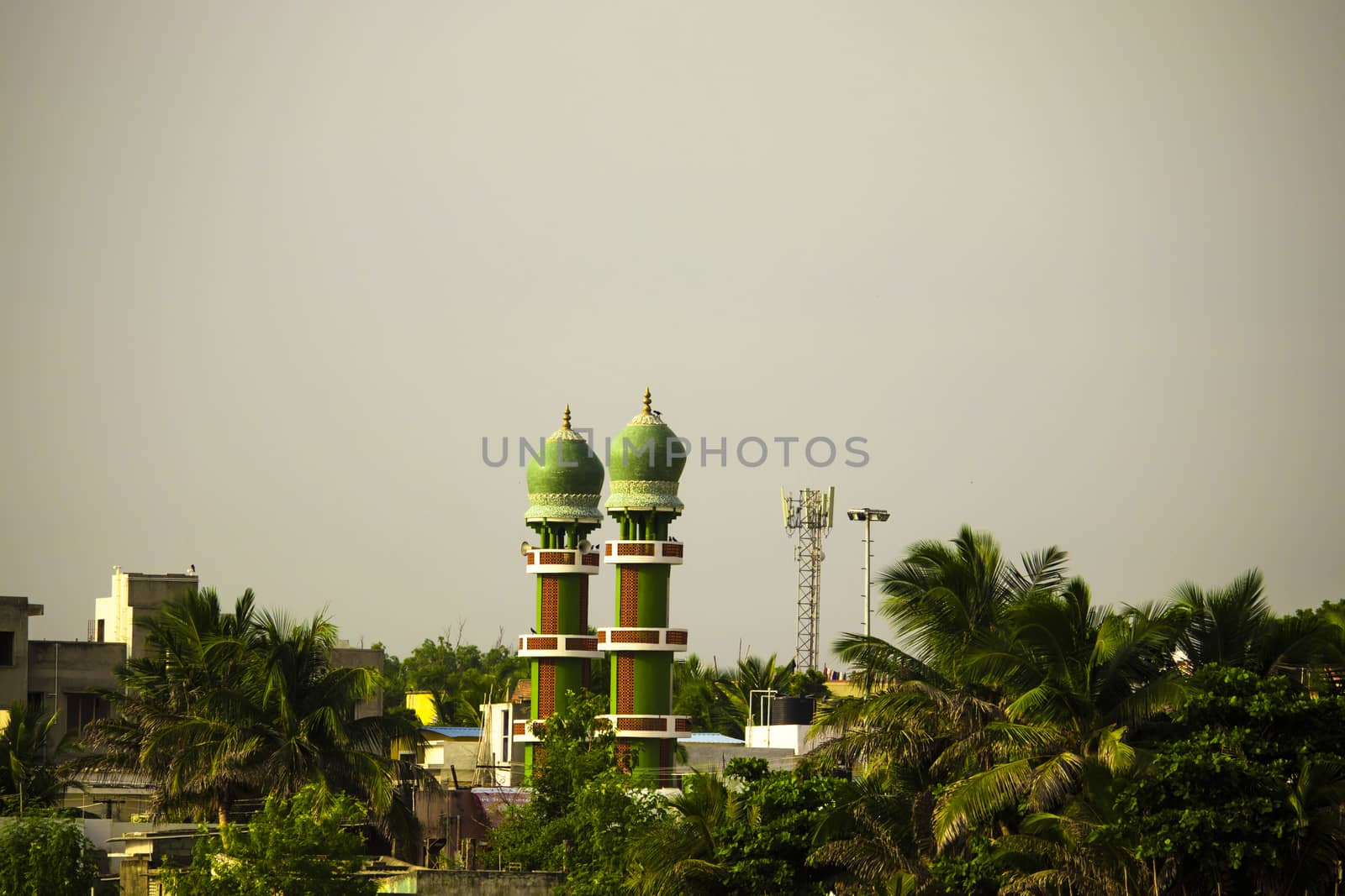 The upper two green towers of the Muslim's Holy Mosque by 9500102400