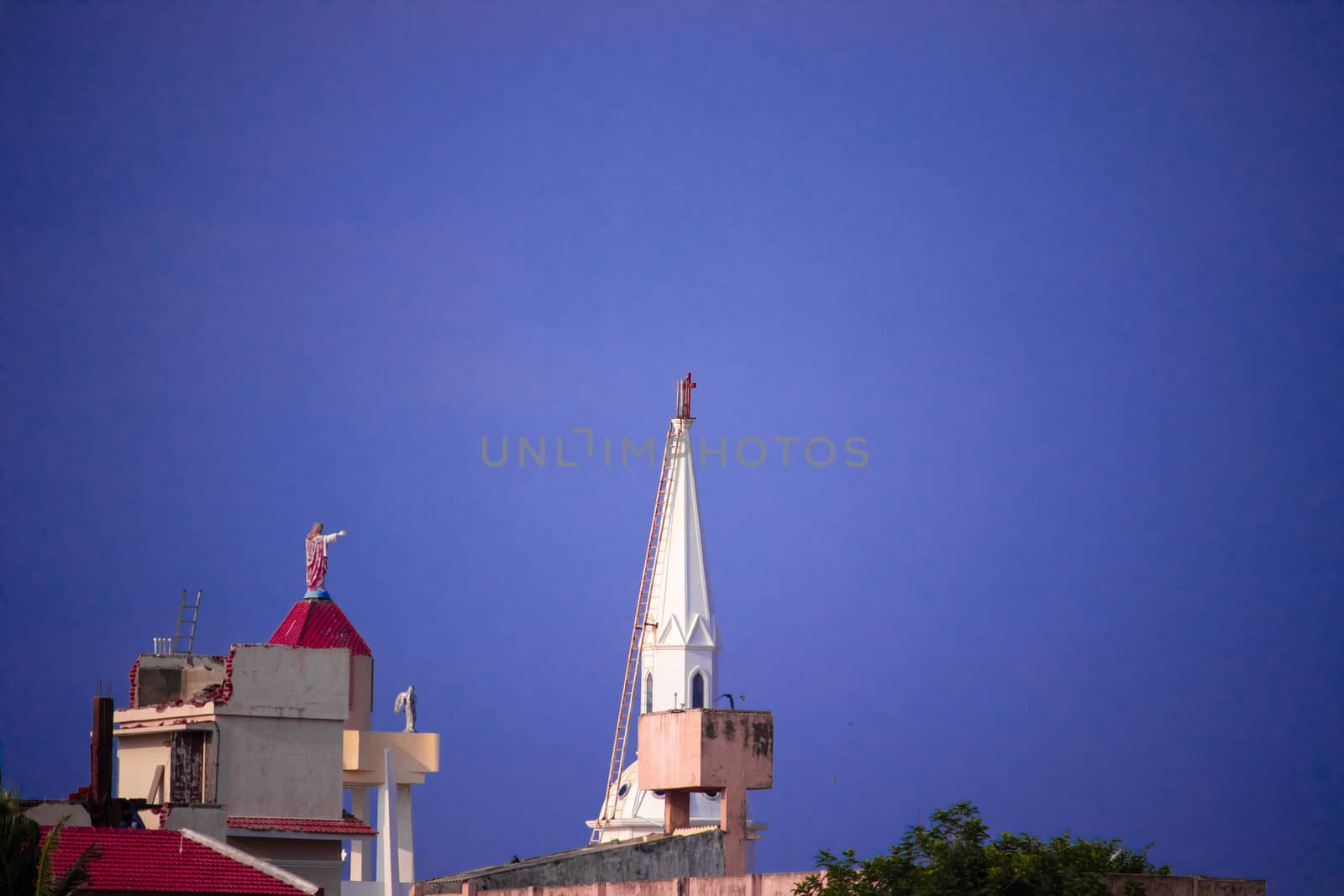 Church steeple against blue skies at chennai in India
