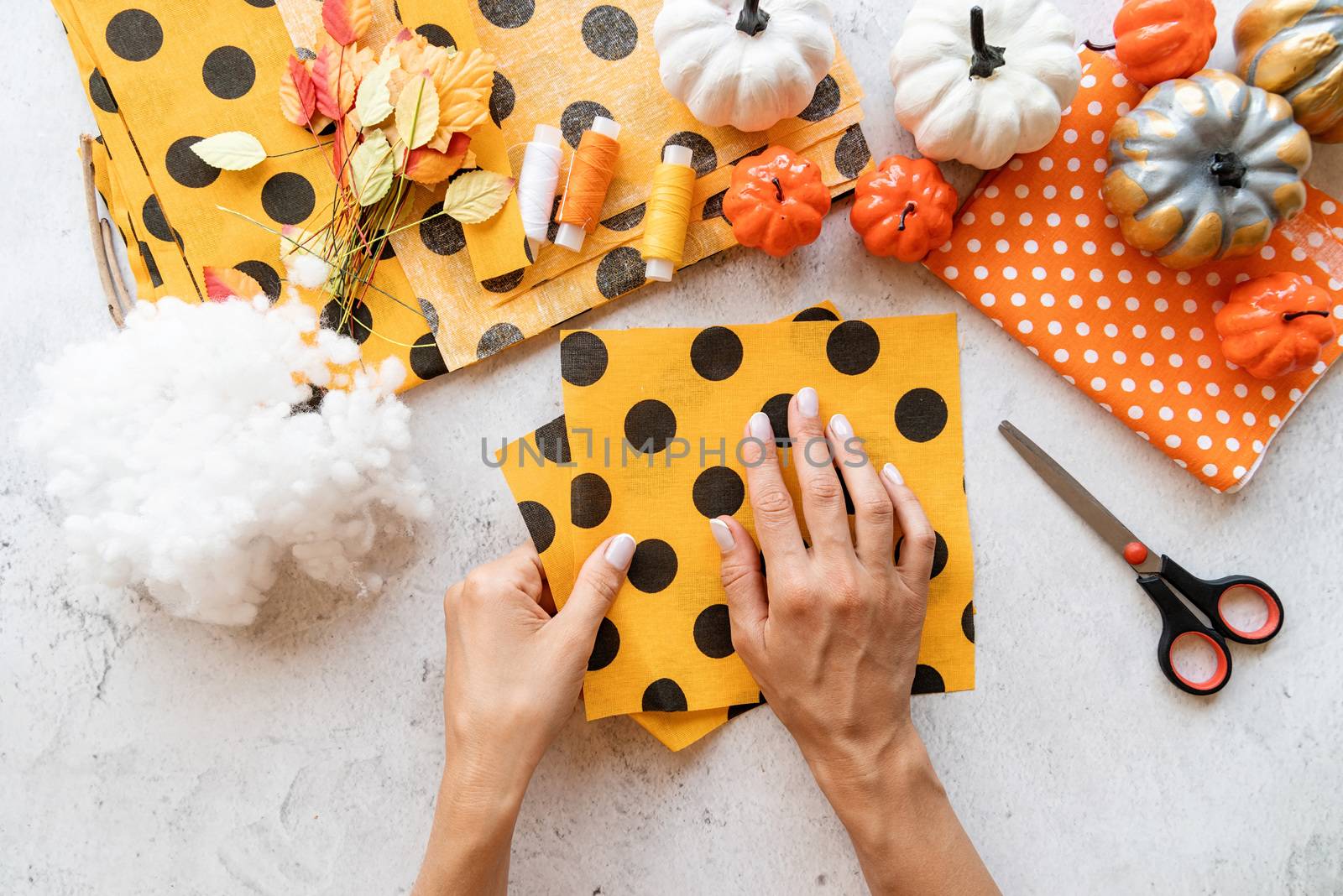 Step by step instruction of making halloween textile DIY pumpkin craft. Step 1 - preparing all necessary equipment. Top view flat lay