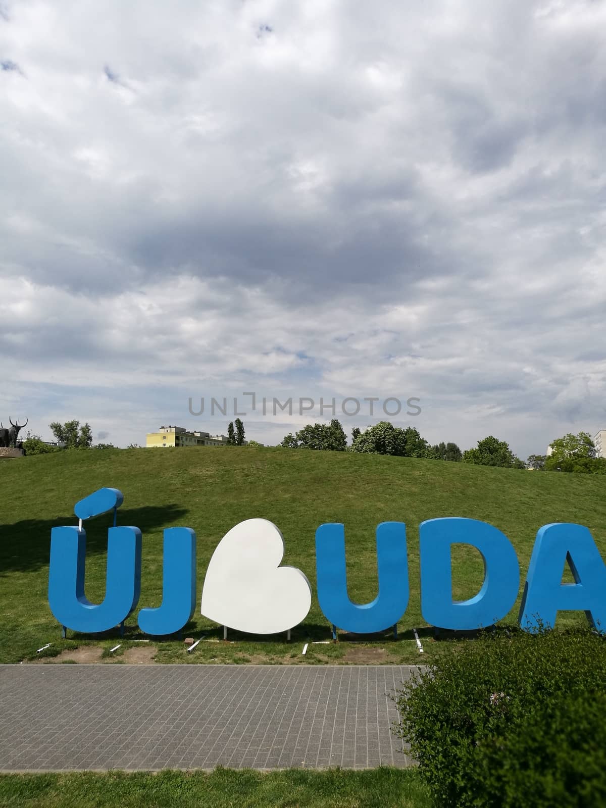 Újbuda inscription in the "Bikás" park. High quality photo