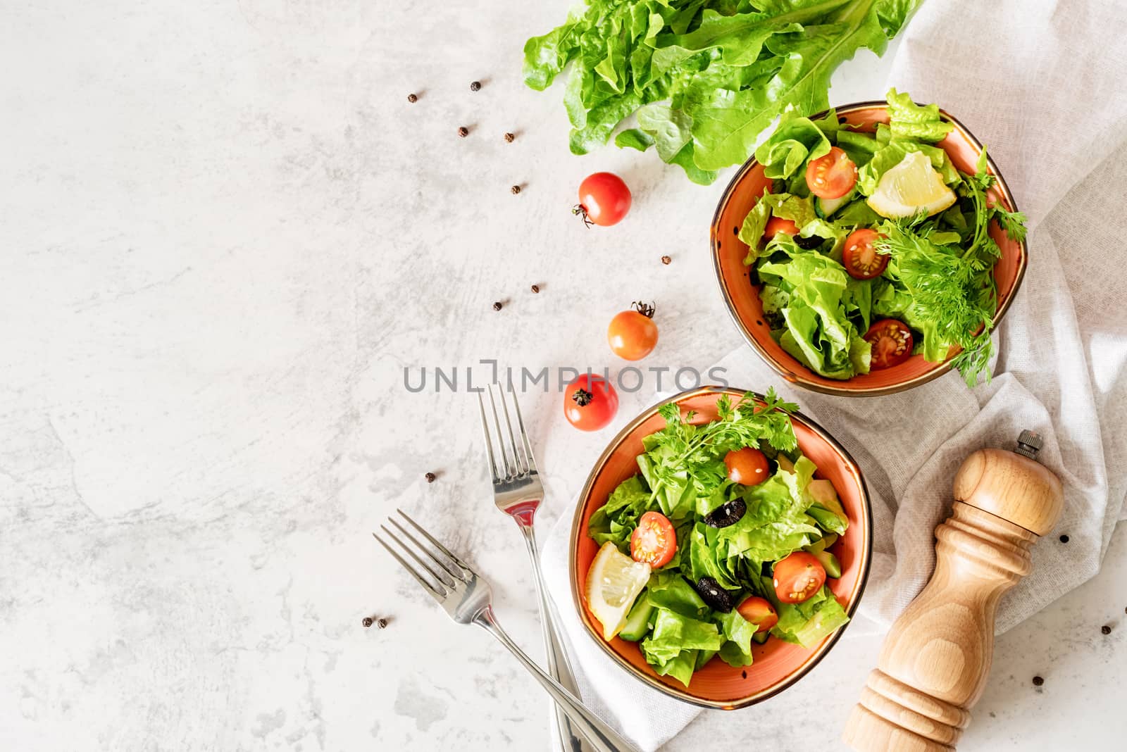 bowls of vegetable mixed salad top view flat lay by Desperada