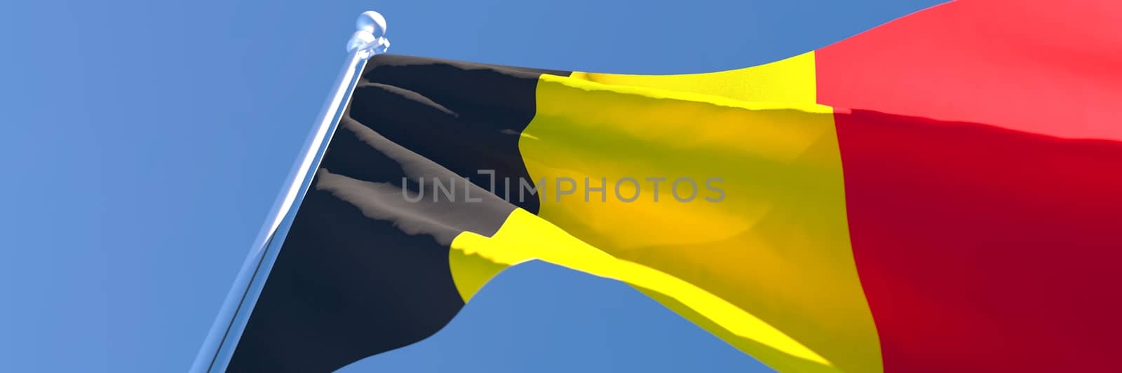 3D rendering of the national flag of Belgium waving in the wind against a blue sky