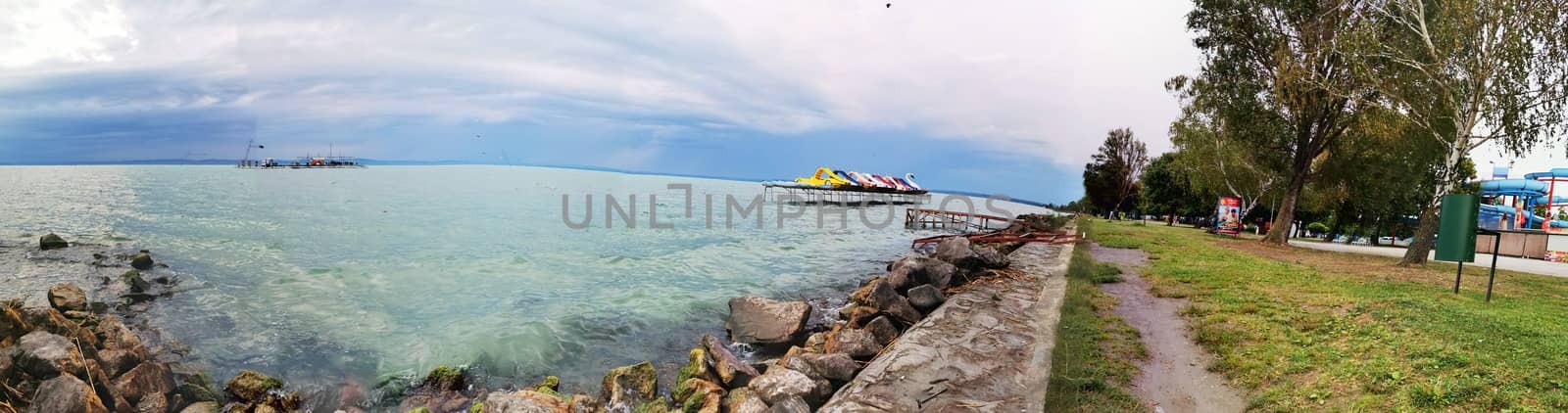 Panoramic view of the shore of Lake Balaton in Siofok. High quality photo