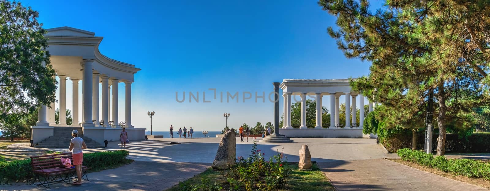 Chernomorsk, Ukraine 08.22.2020. Seaside Yuonost park and boulevard in Chernomorsk city on a sunny summer morning