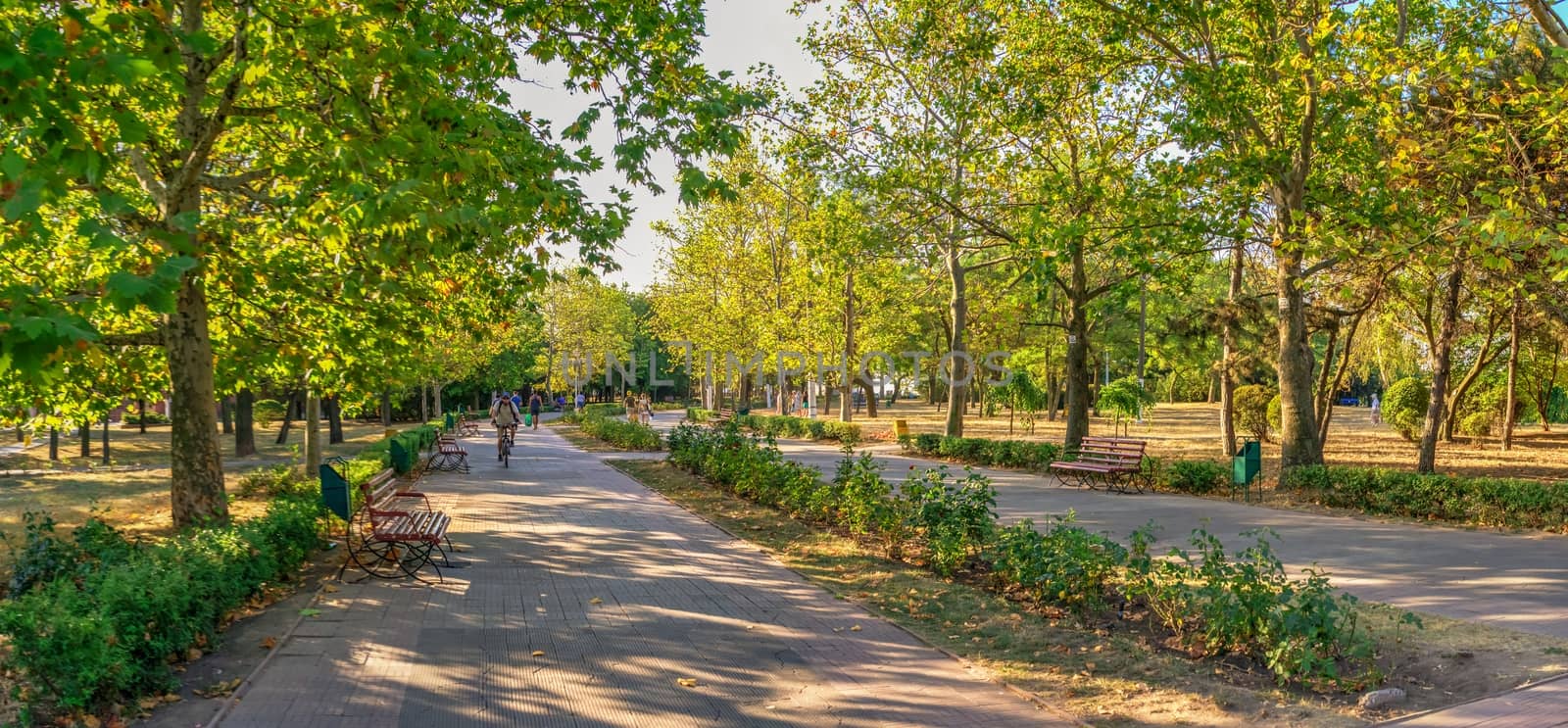 Chernomorsk, Ukraine 08.22.2020. Seaside Yuonost park and boulevard in Chernomorsk city on a sunny summer morning