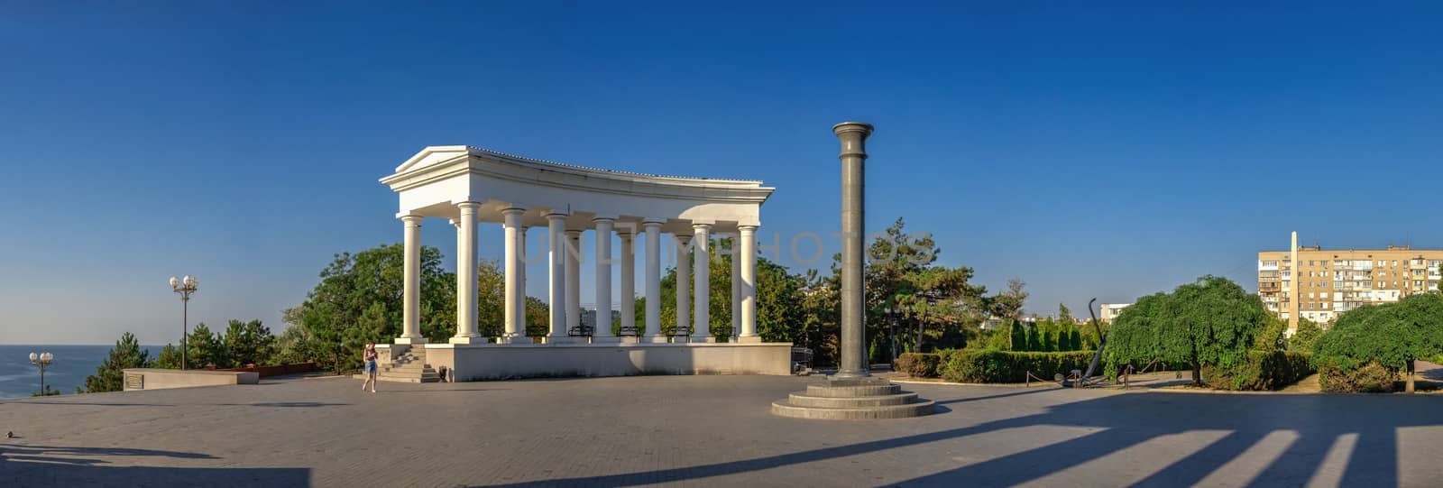 Chernomorsk, Ukraine 08.22.2020. Colonnade in Chernomorsk city on a sunny summer morning