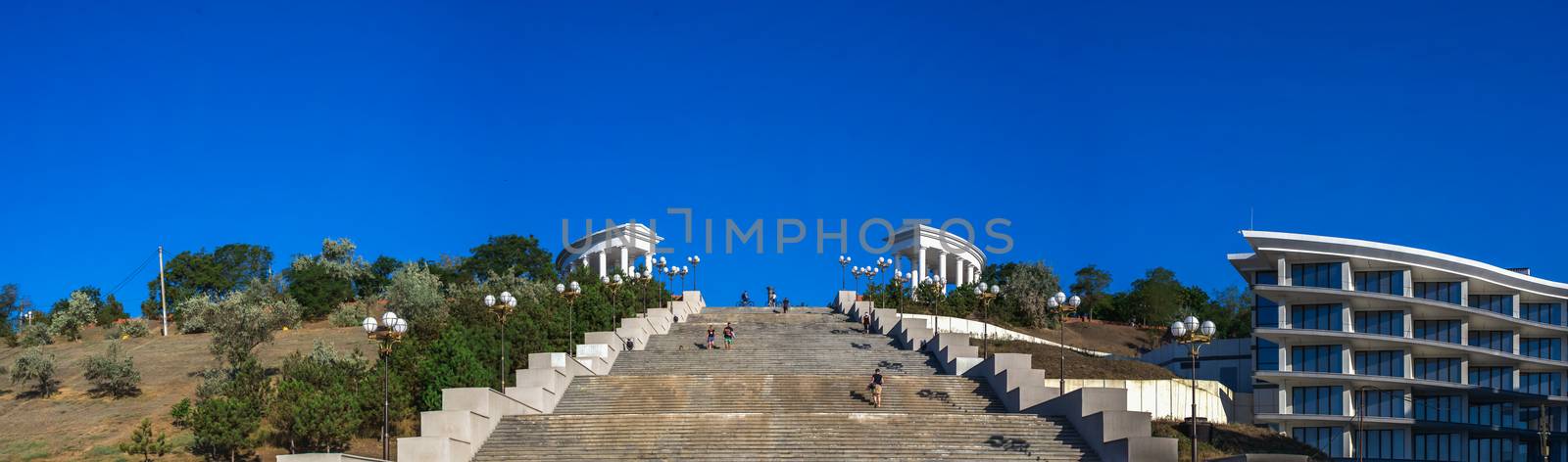 Chernomorsk, Ukraine 08.22.2020. Maritime Stairs from seaside park to the public beach in Chernomorsk city on a sunny summer morning