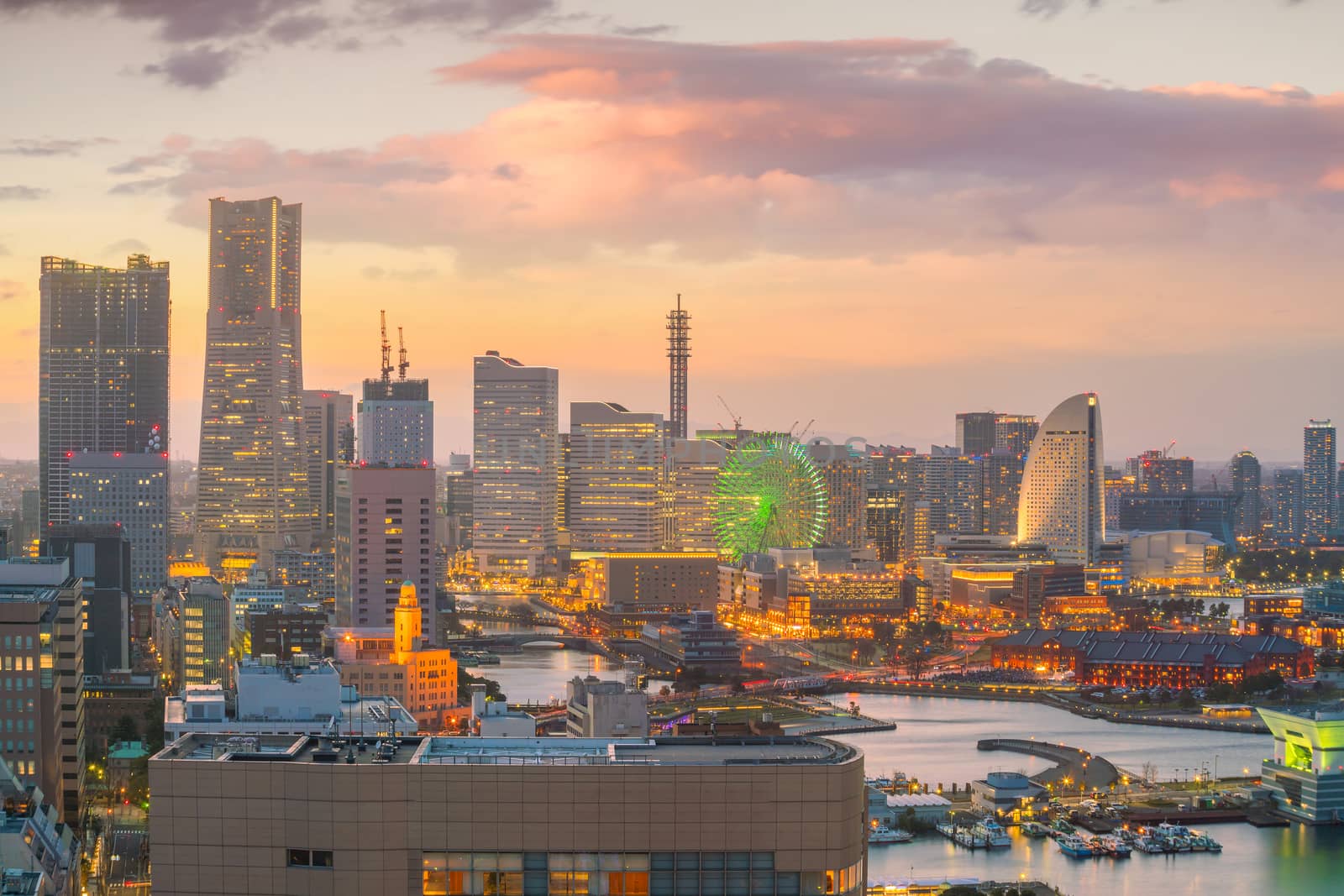 Yokohama city skyline from top view at sunset by f11photo