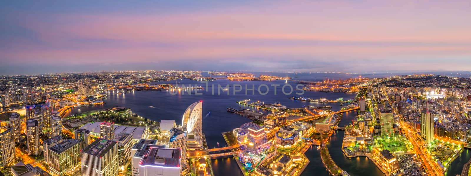 Yokohama city skyline from top view at sunset in Japan