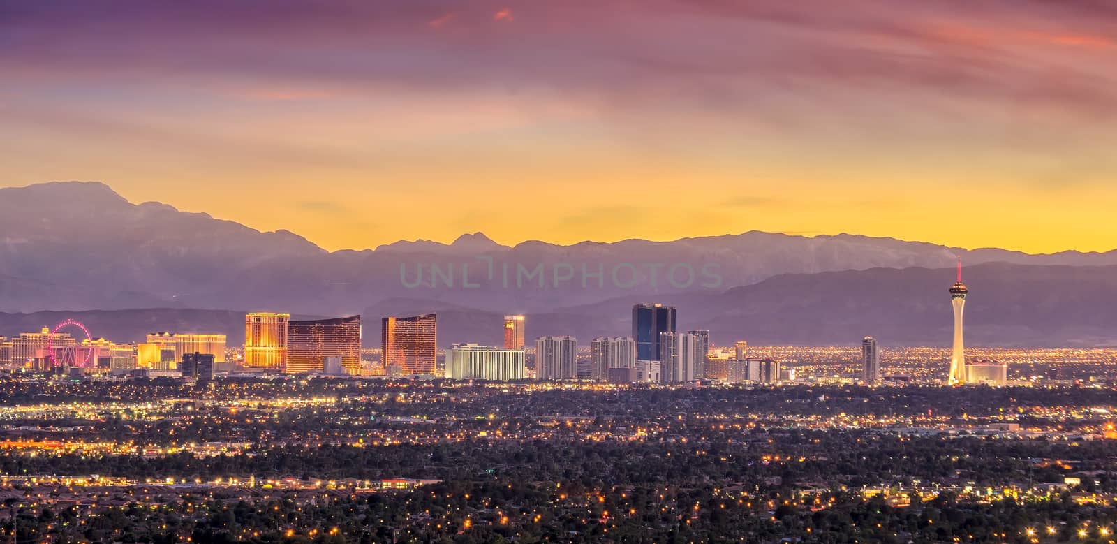 Panorama cityscape view of Las Vegas at sunset in Nevada by f11photo