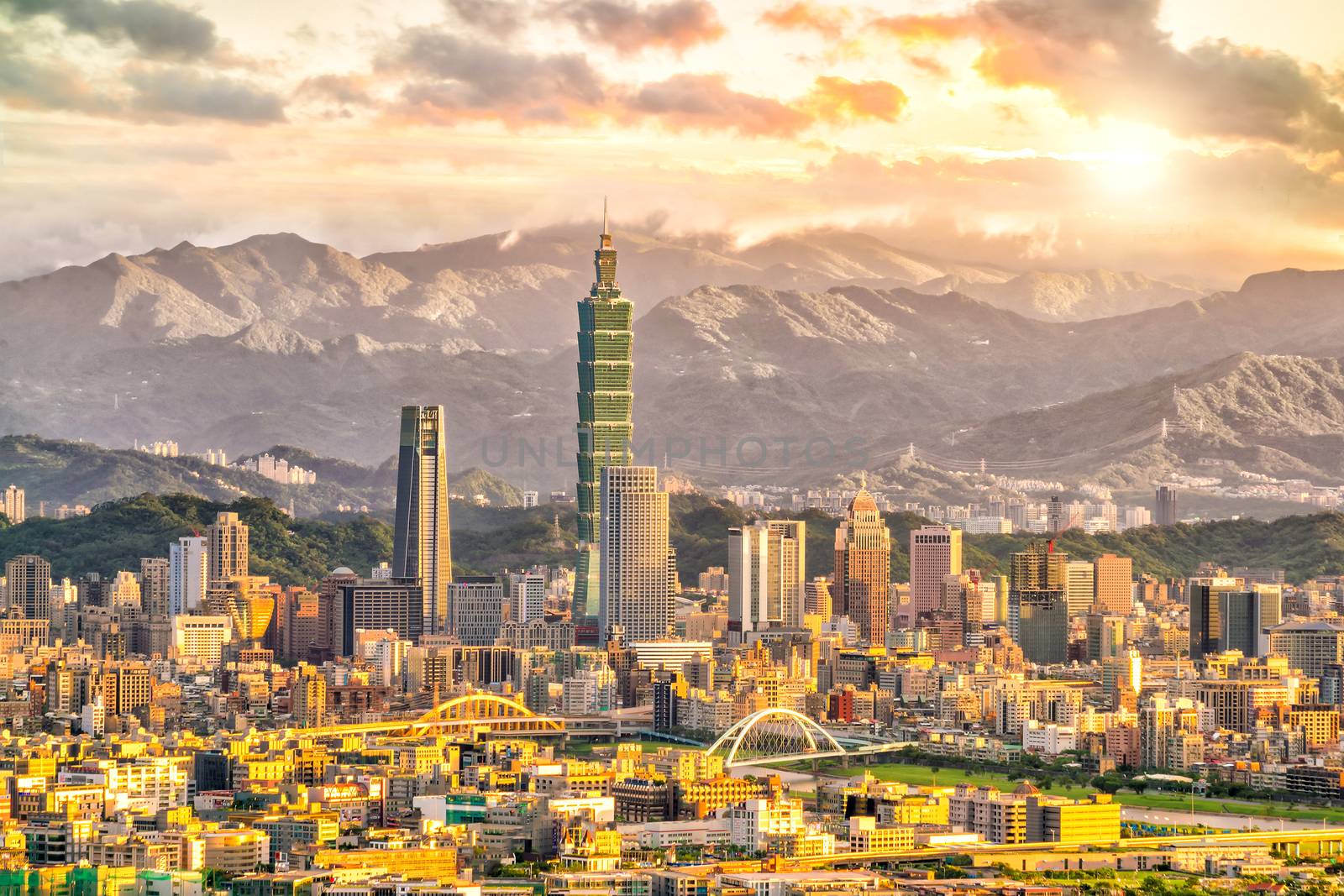 Taipei city skyline landscape at sunset time in Taiwan
