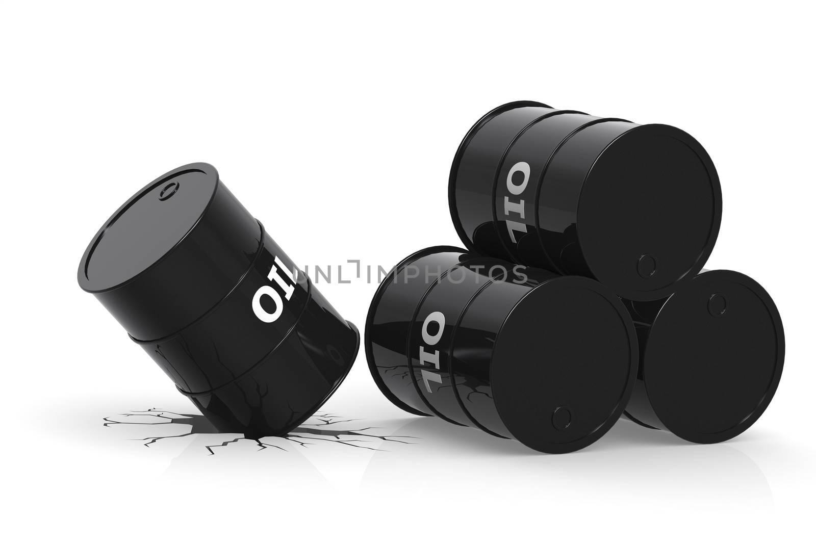Black oil barrel with cracked ground, 3D rendering