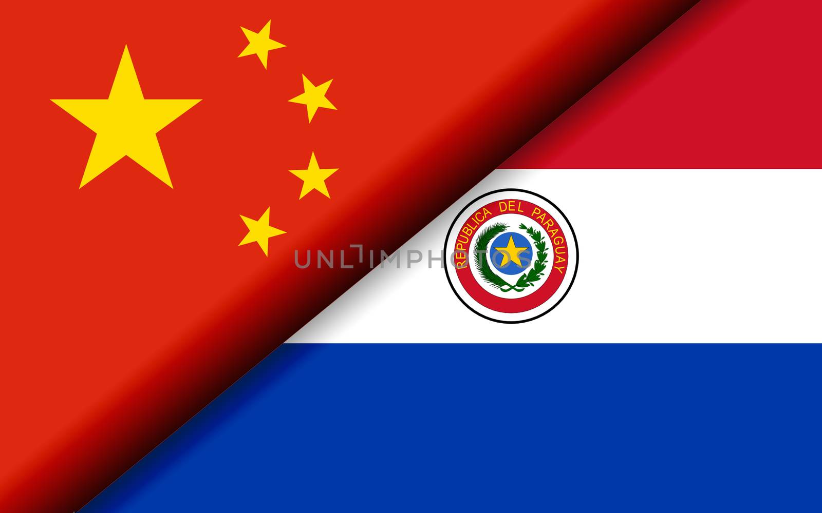 Flags of the China and Paraguay divided diagonally. 3D rendering
