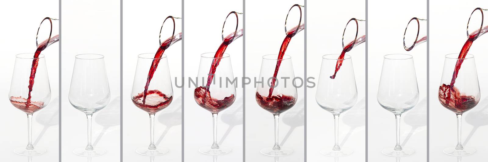 Sommelier pours red wine from decanter to wineglass on white background. panoramic shoot or banner. collage by PhotoTime