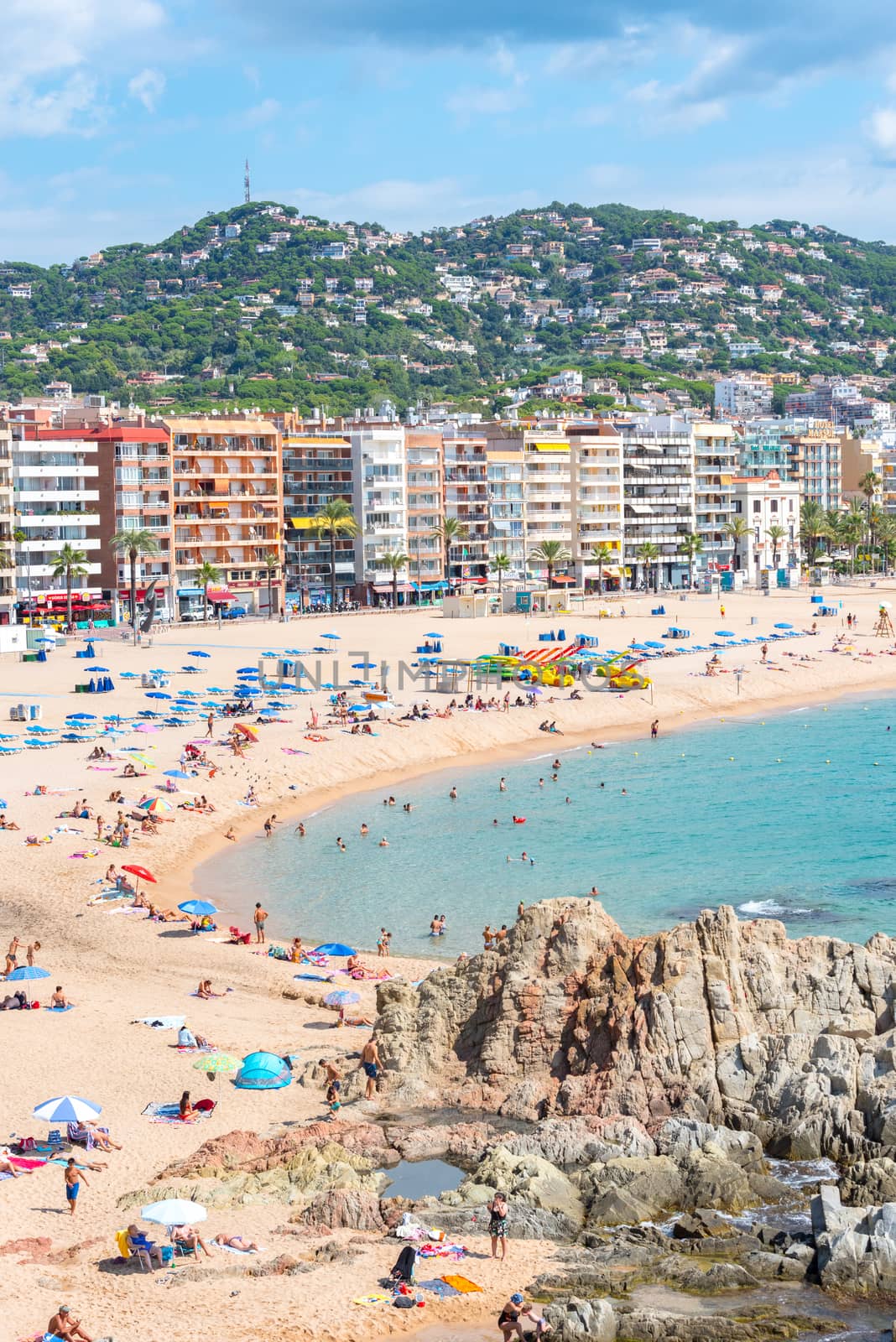 Lloret de Mar, Spain : 2020 2 Sept : People in the beach of Lloret de Mar after Covid 19 without international tourists in summer 2020