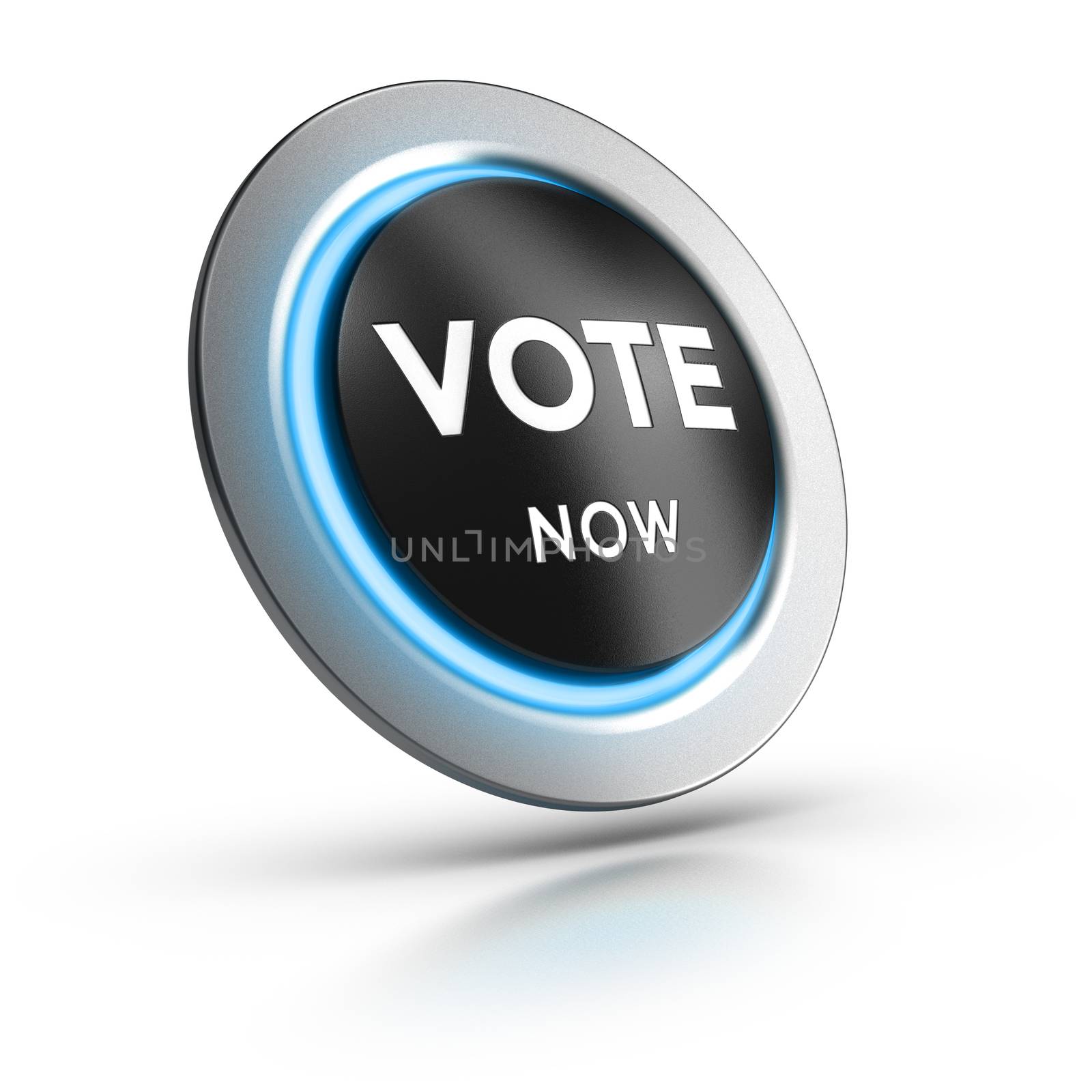 Vote button with blue light over white background. 3D illustration