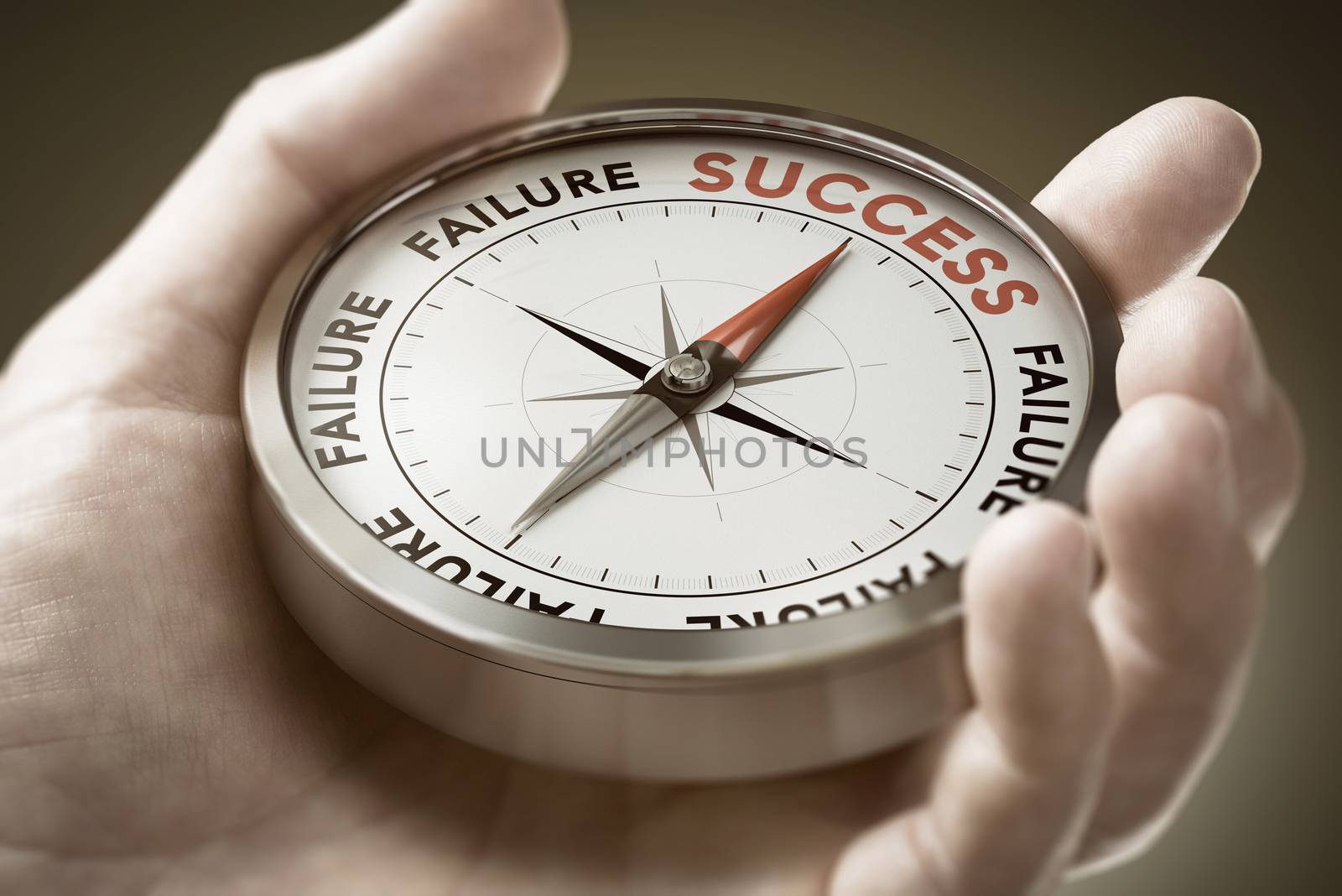 Man hand holding a conceptual compass with needle pointing the word success. Strategic Vision. Successful Business Strategy Concept. Composite image between a hand photography and a 3D background.