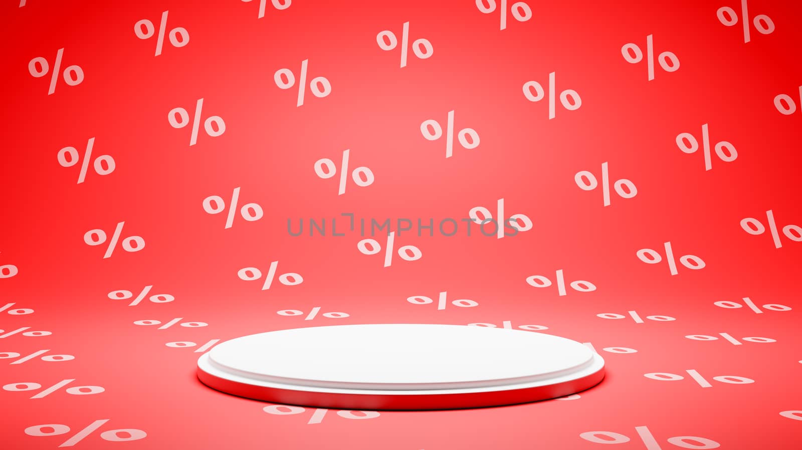 Empty White Platform on Red and White Percent Sign Pattern Studio Background 3D Render Illustration