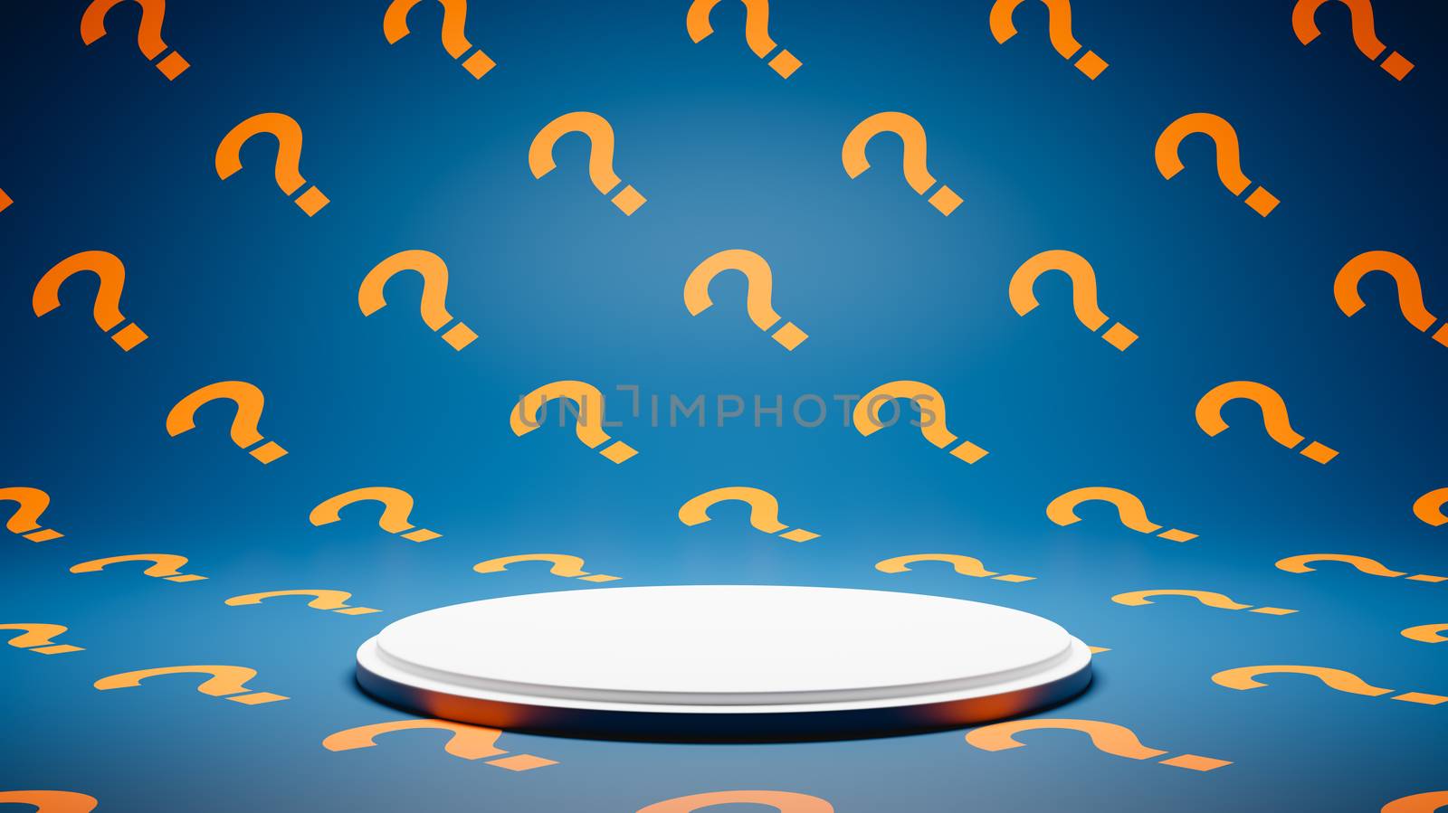 Empty White Platform on Blue and Orange Question Mark Pattern Studio Background 3D Render Illustration