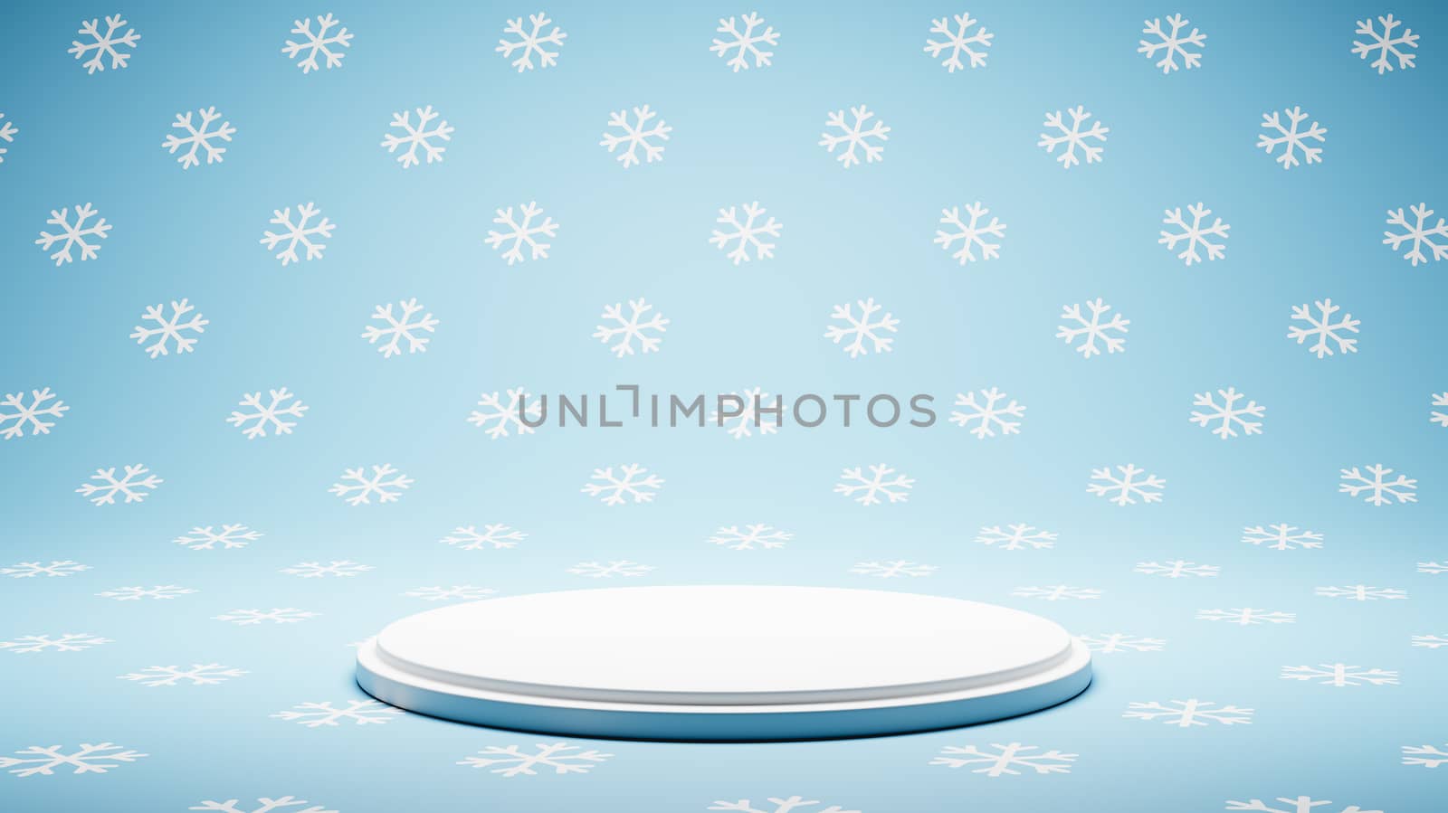 Empty White Platform on Blue Snow Pattern Studio Background 3D Render Illustration