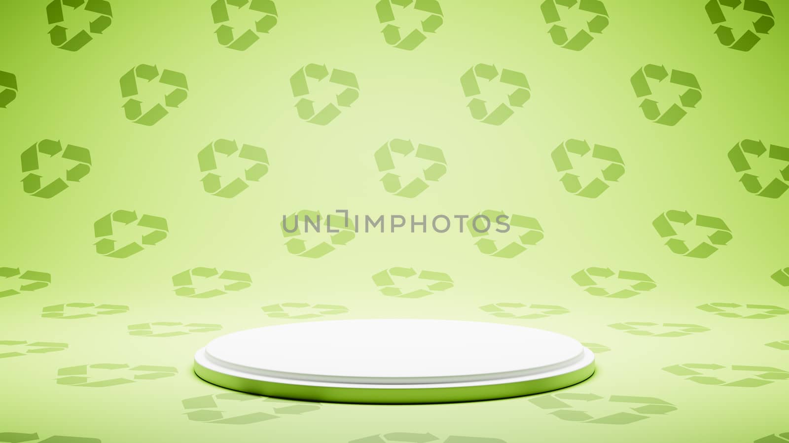 Empty White Platform on Green Recycle Symbol Pattern Studio Background 3D Render Illustration