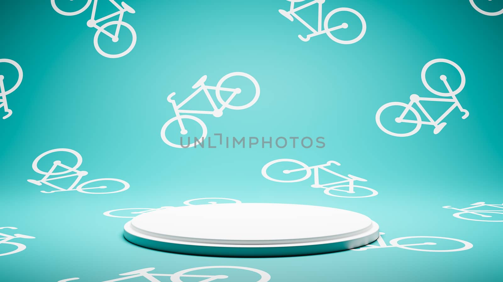 Empty White Platform on Blue and White Bicycle Pattern Studio Background 3D Render Illustration