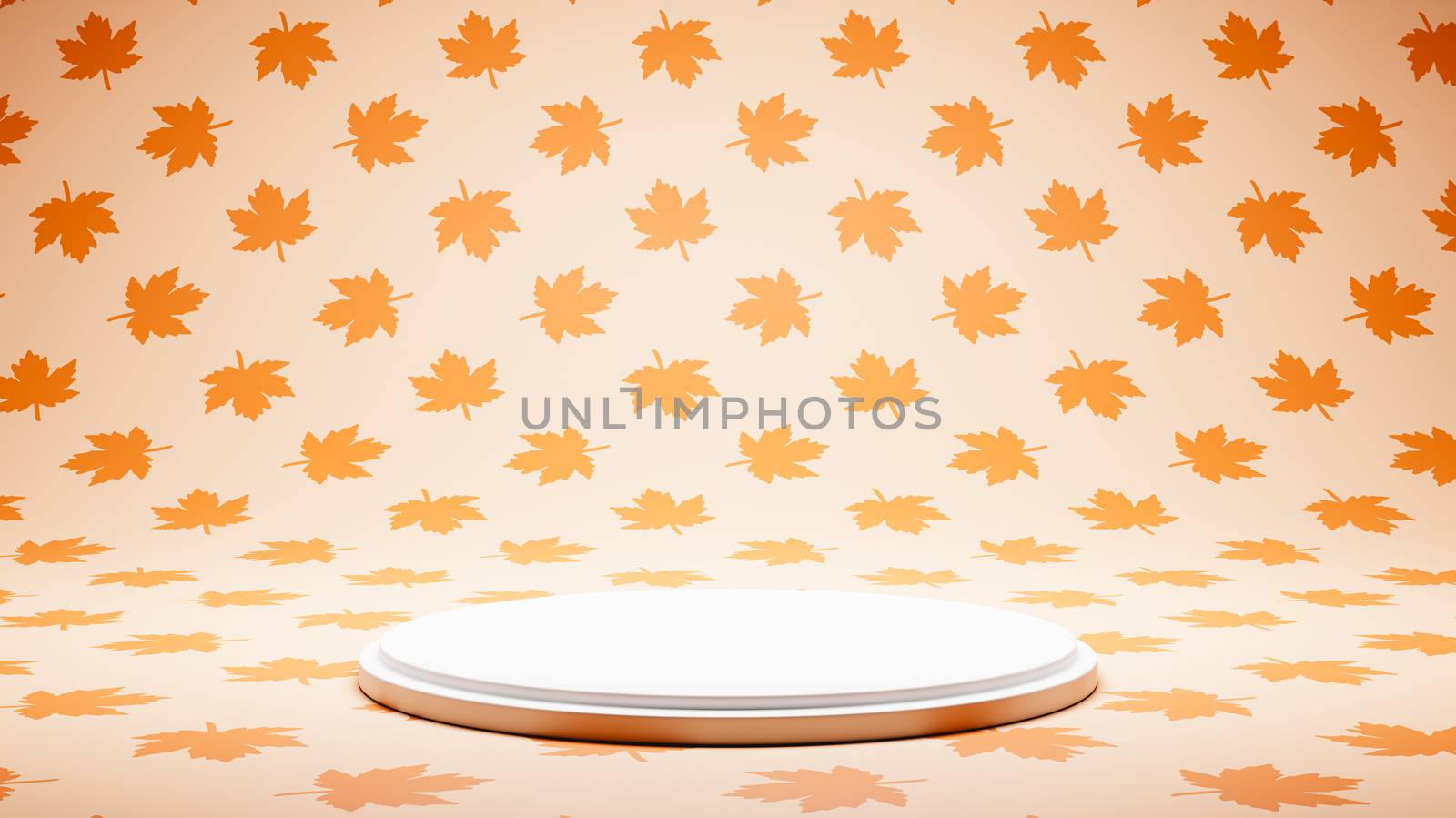 Empty White Platform on Orange Leaves Pattern Studio Background 3D Render Illustration