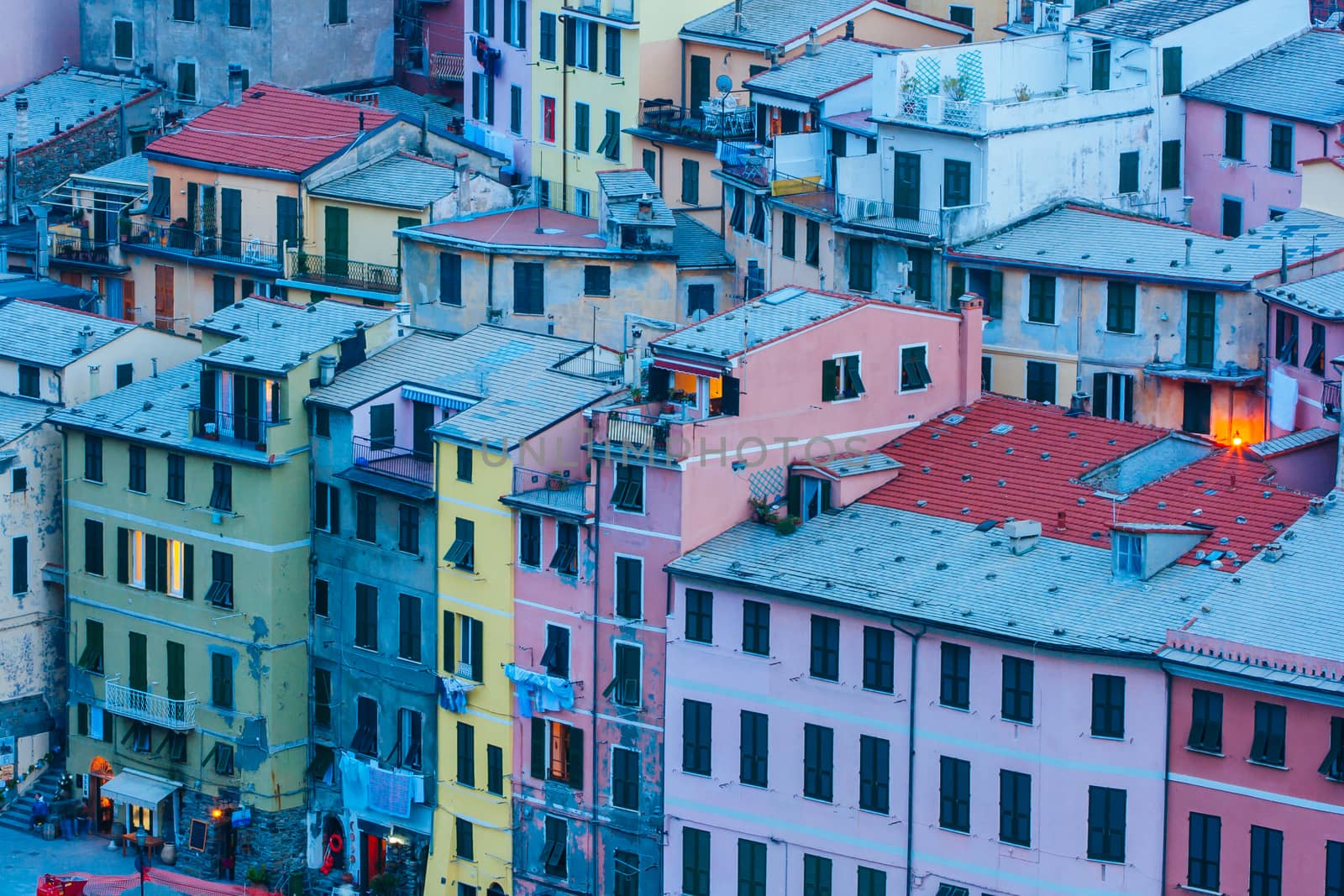 Building detail on a winter's evening over Vernazza in Cinque Terre, Italy