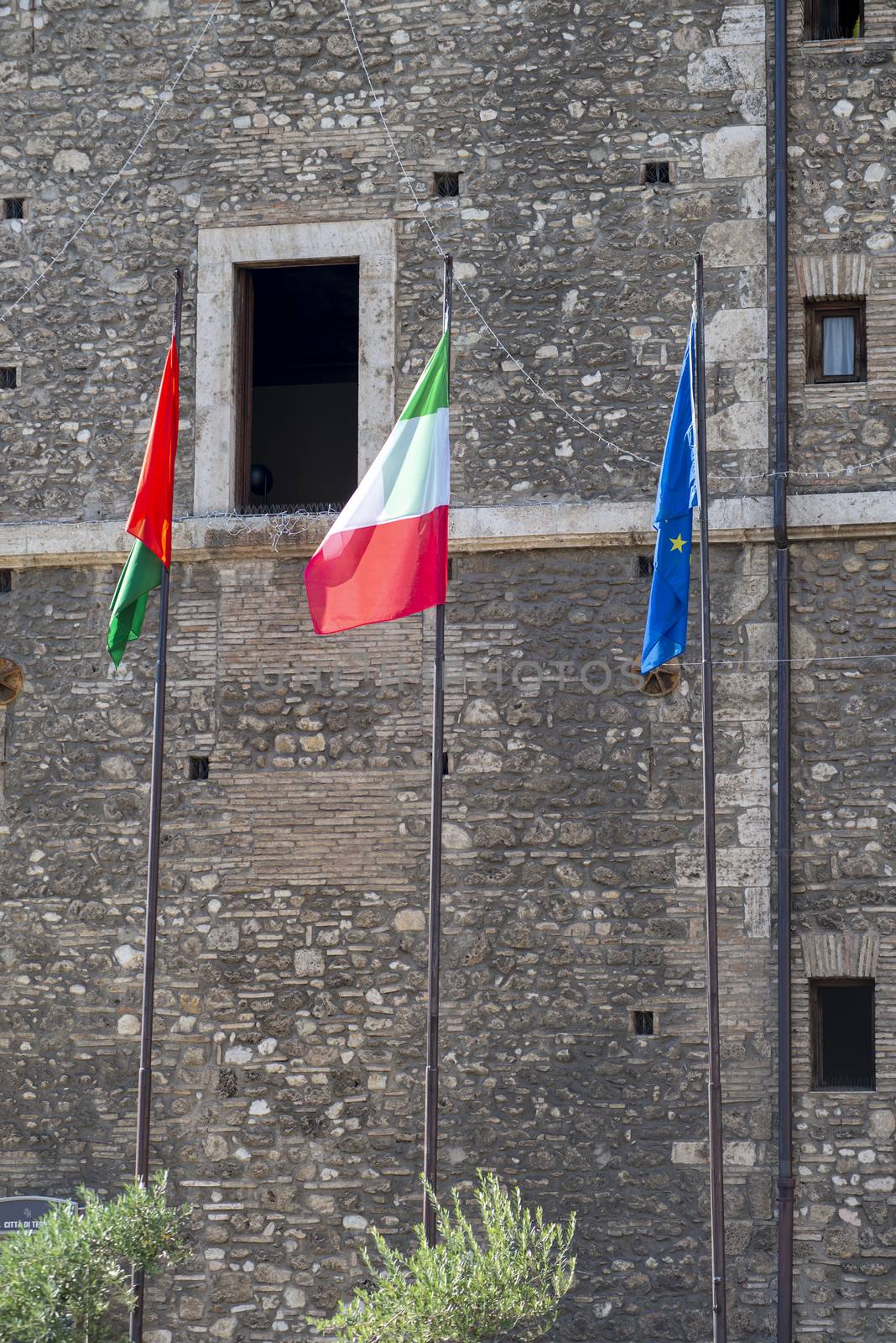 terni,italy september 02 2020:flags in front of the town of terni