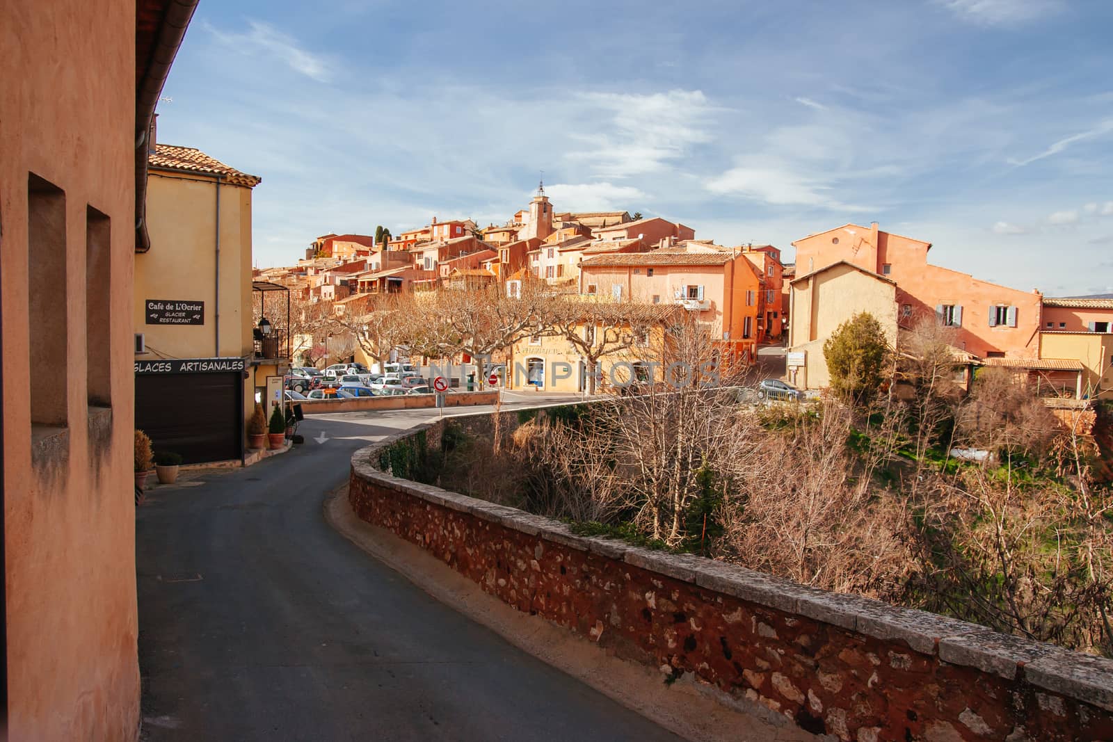 The beautiful colorful buildings of Roussillon on a winter's afternoon in Provence, France
