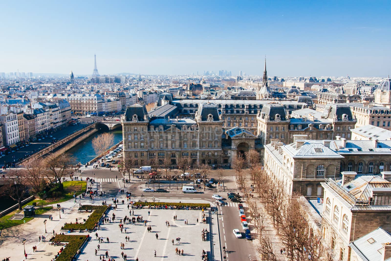 View from Notre Dame cathedral overlooking the Paris skyline in France