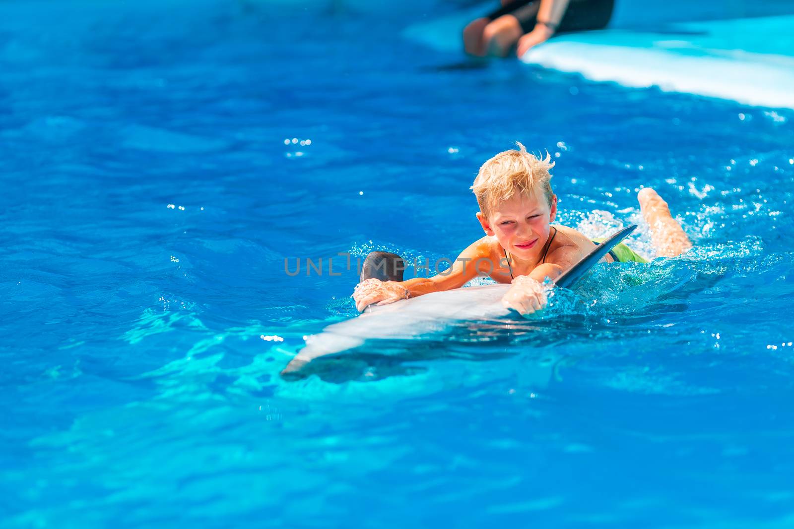 Happy little boy swimming with dolphins in Dolphinarium by Len44ik