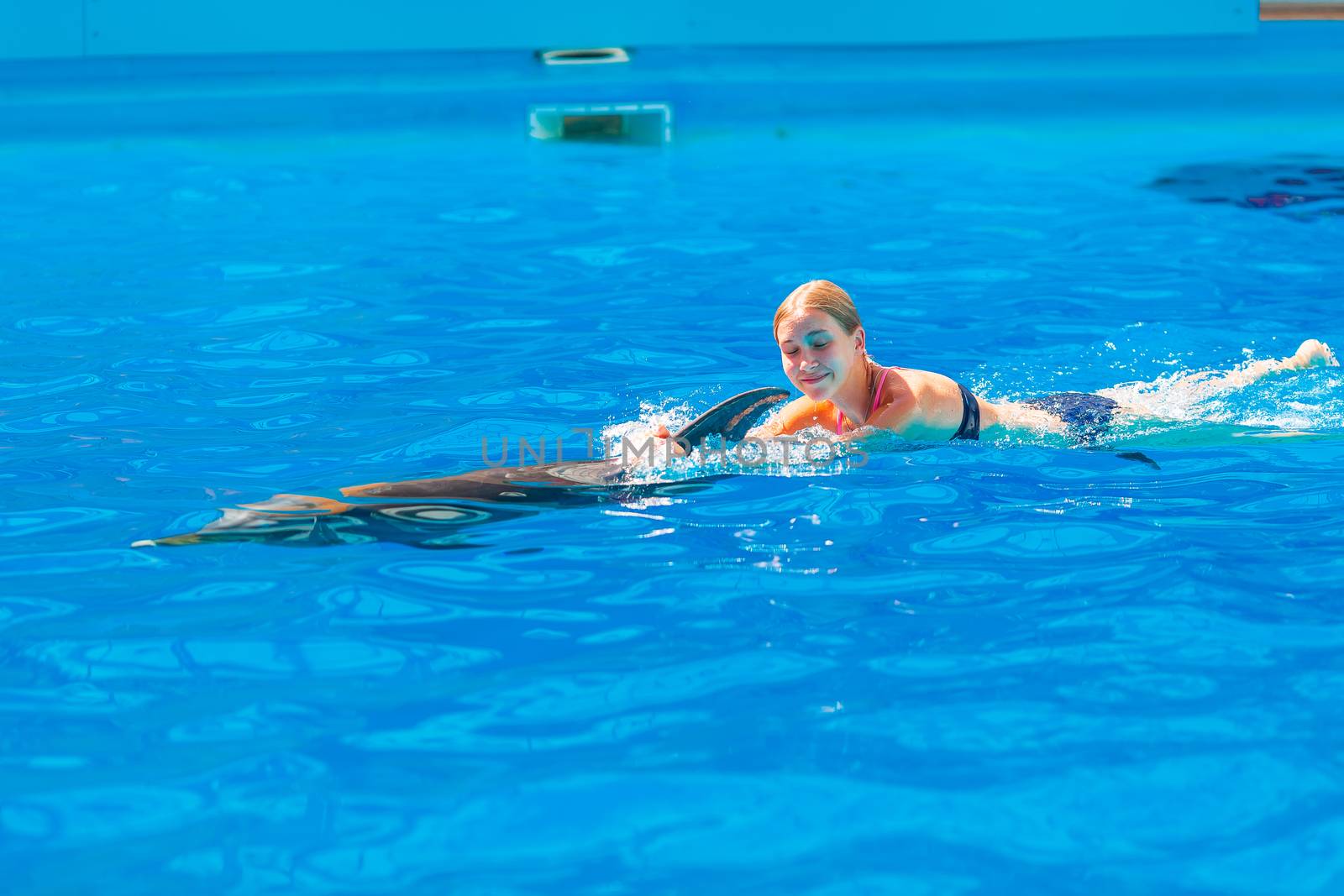 Happy little girl swimming with dolphins in Dolphinarium by Len44ik