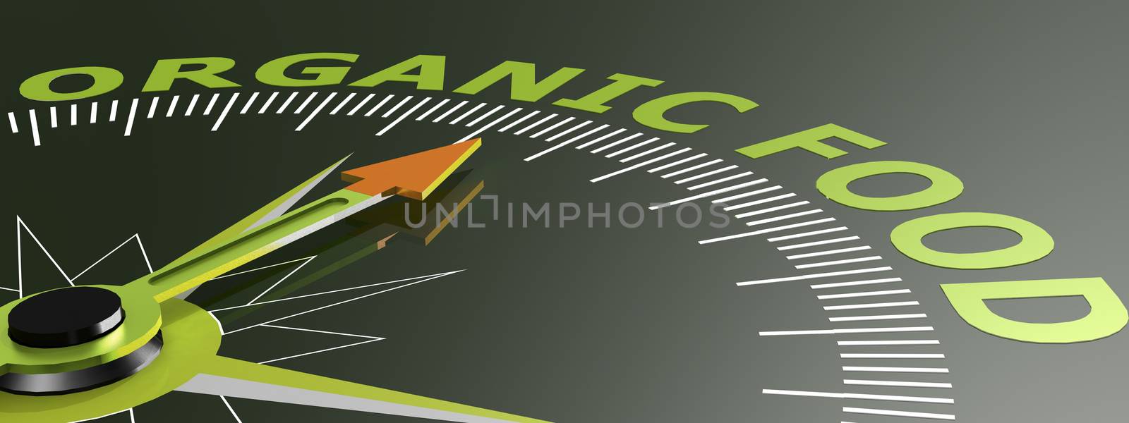 Compass with needle pointing to word organic food, 3d rendering