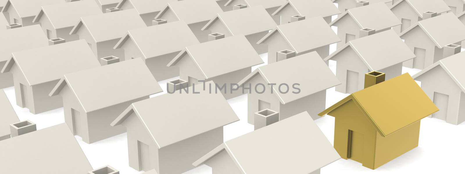 Golden house among other white houses, 3D rendering