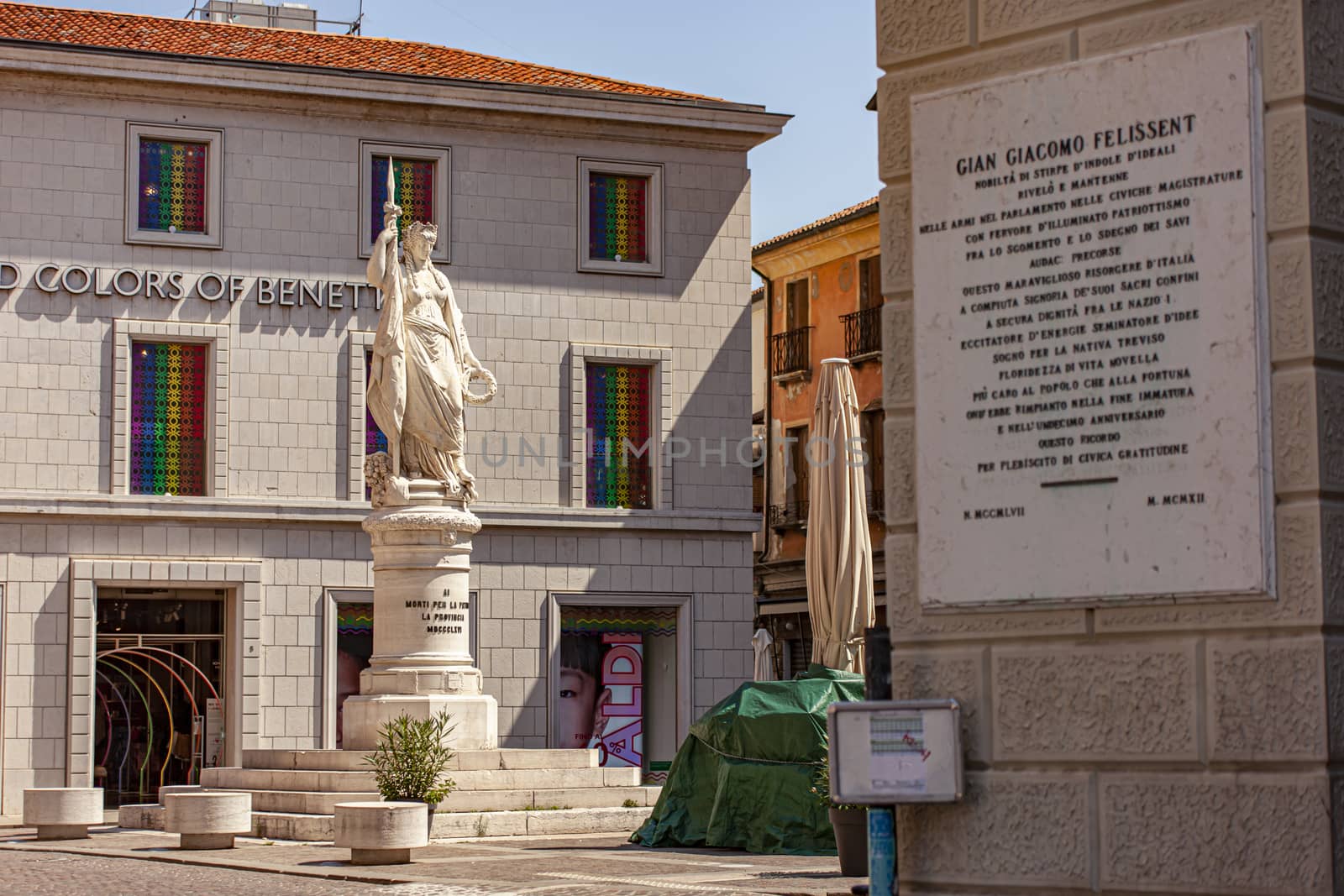 TREVISO, ITALY 13 AUGUST 2020: Independence statue in Historical city center of Treviso in Italy