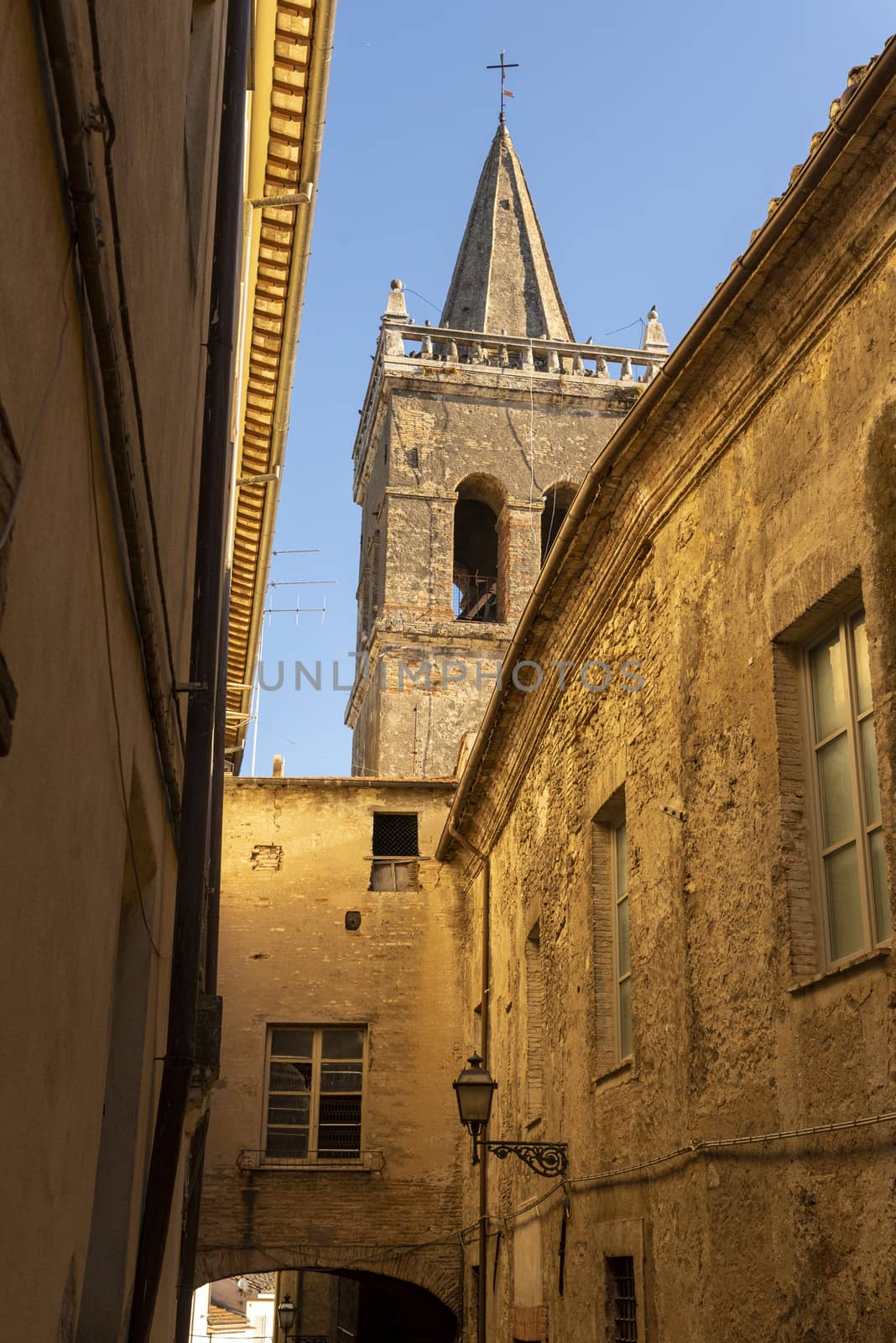 Collescipoli,Italy september 04 2020:bell tower of the collegiate church of San NIcolo in the center of the town of Collescipoli