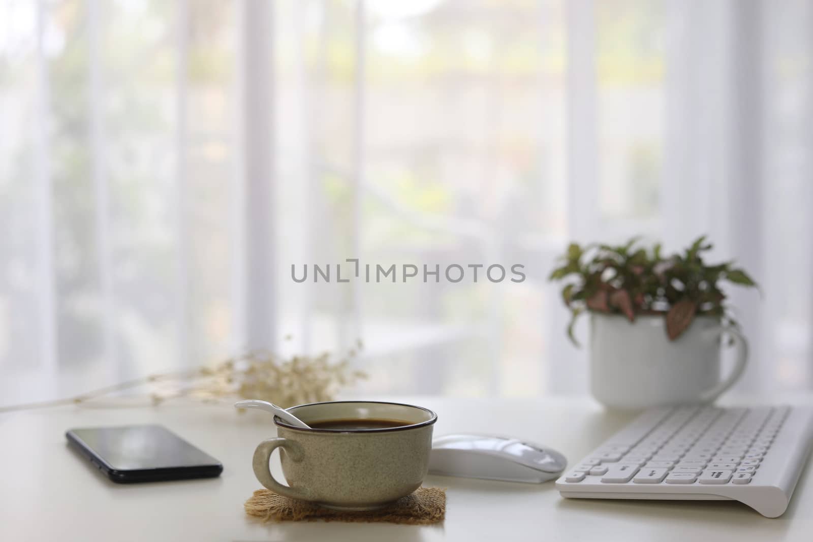 Interior house modern decor with smartphone coffee and white keaboard and mouse and plants pot with see through curtain