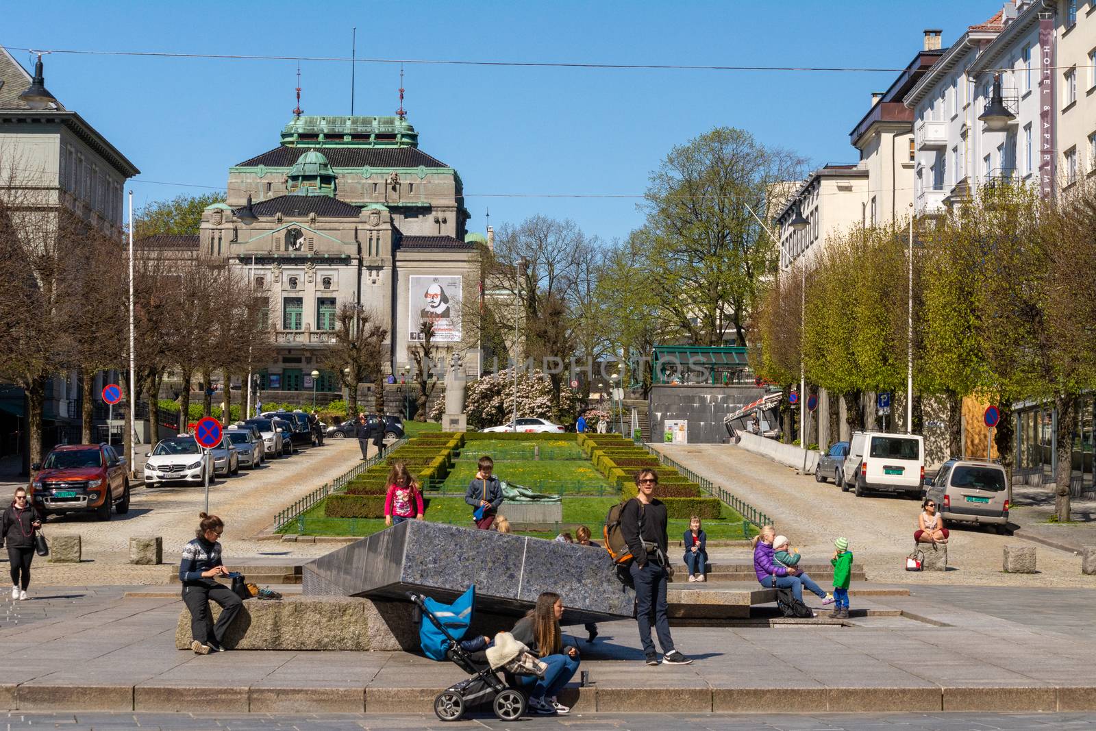 Bergen, Norway, May 2015: View on Ovre Ole Bull Plass street and park in Bergen, Norway and The National Stage, or Den Nationale Scene area
