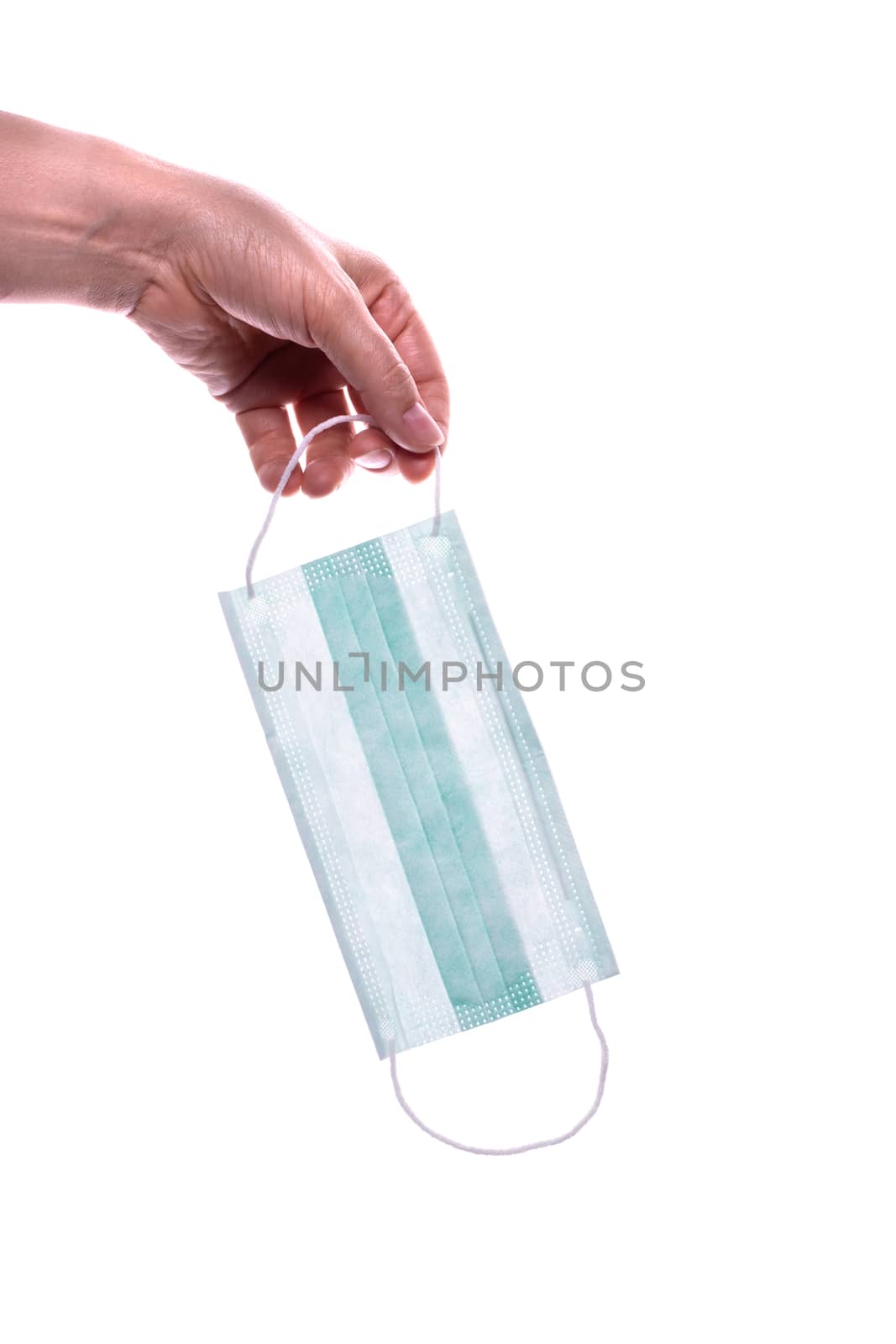 Woman hands holding a protective mask against flu and viruses. Isolated on white background.