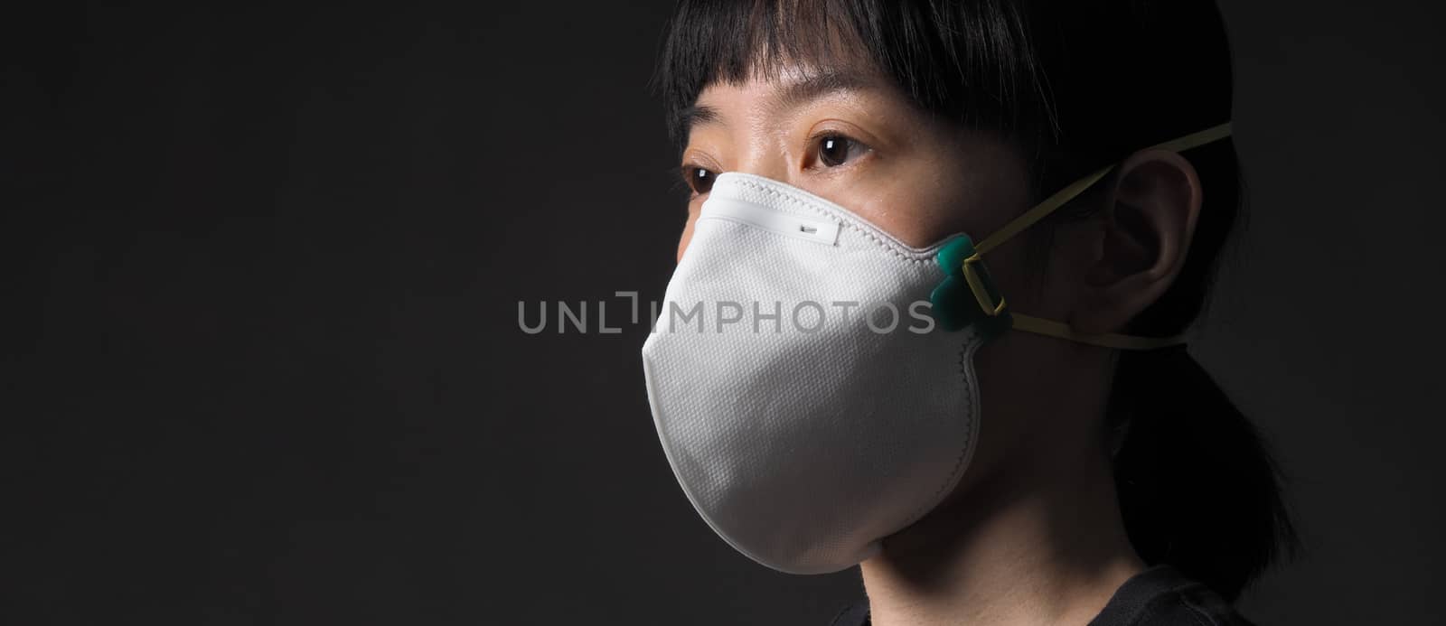 Middle aged of asia chinese woman wearing medical N95 mask that help prevent or protect her from coronavirus or covid-19 pandemic and safety from air pollution. and copy space