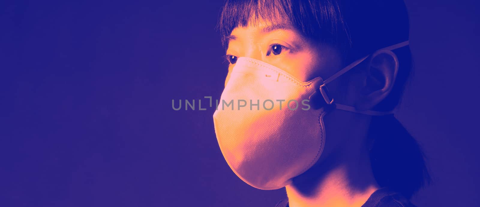 Middle aged of asia chinese woman wearing medical N95 mask that help prevent or protect her from coronavirus or covid-19 pandemic and safety from air pollution. and copy space