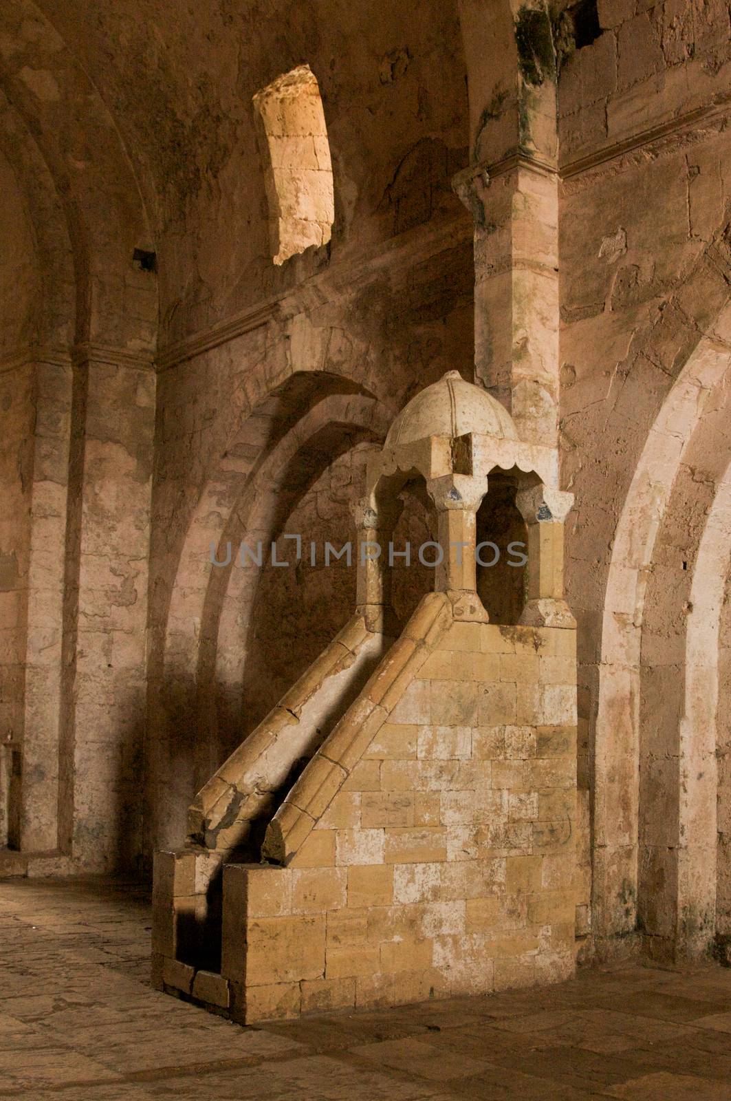 Crac de Chevalier Syria interior Christian Chapel converted into a Mosque with islamic minbar (pulpit) 2009 photographed before the war was built by the Hospitaller Order of Saint John of Jerusalem from 1142 to 1271 the best-preserved example of the Crusader castle. High quality photo