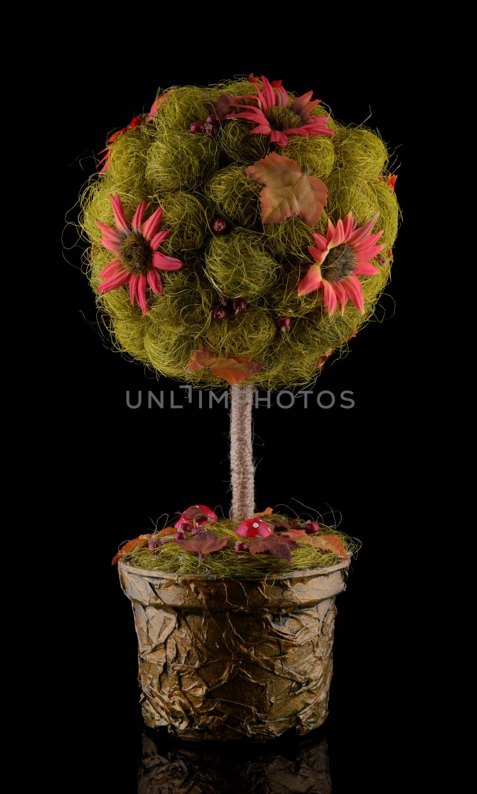 Handmade floral topiary tree made tree of happiness, decorative tree on black background